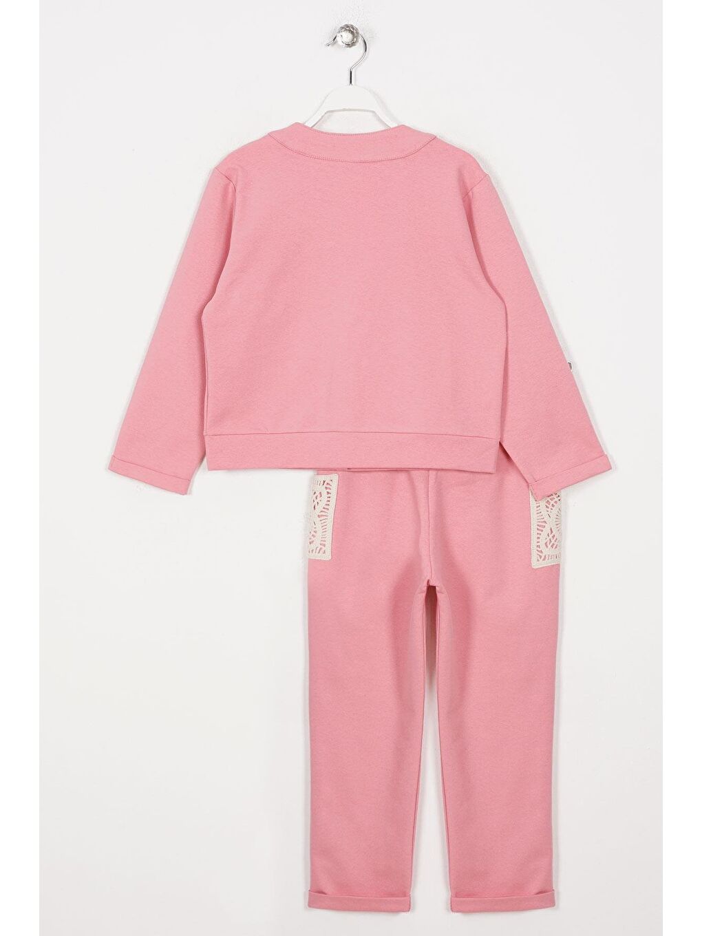 Bisiklet Yaka Uzun Kol Dantel Cep Detaylı Koyu Pembe Renk Kız Çocuk İkili Takım-1
