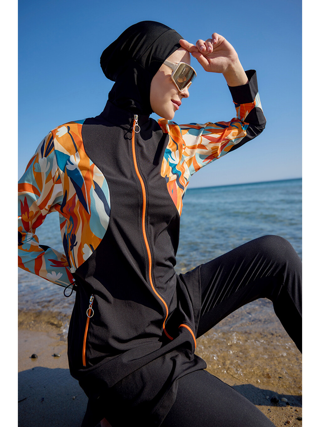 Spor Elastan Tam Kapalı Tesettür Mayo R151 Siyah Lotus-1