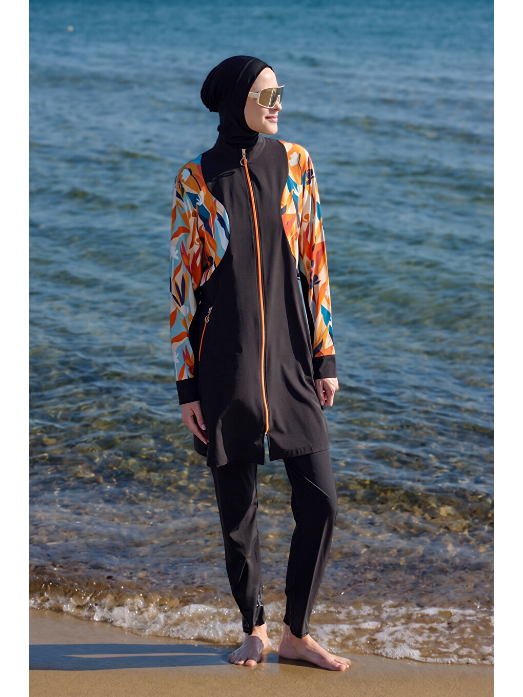 Spor Elastan Tam Kapalı Tesettür Mayo R151 Siyah Lotus-2