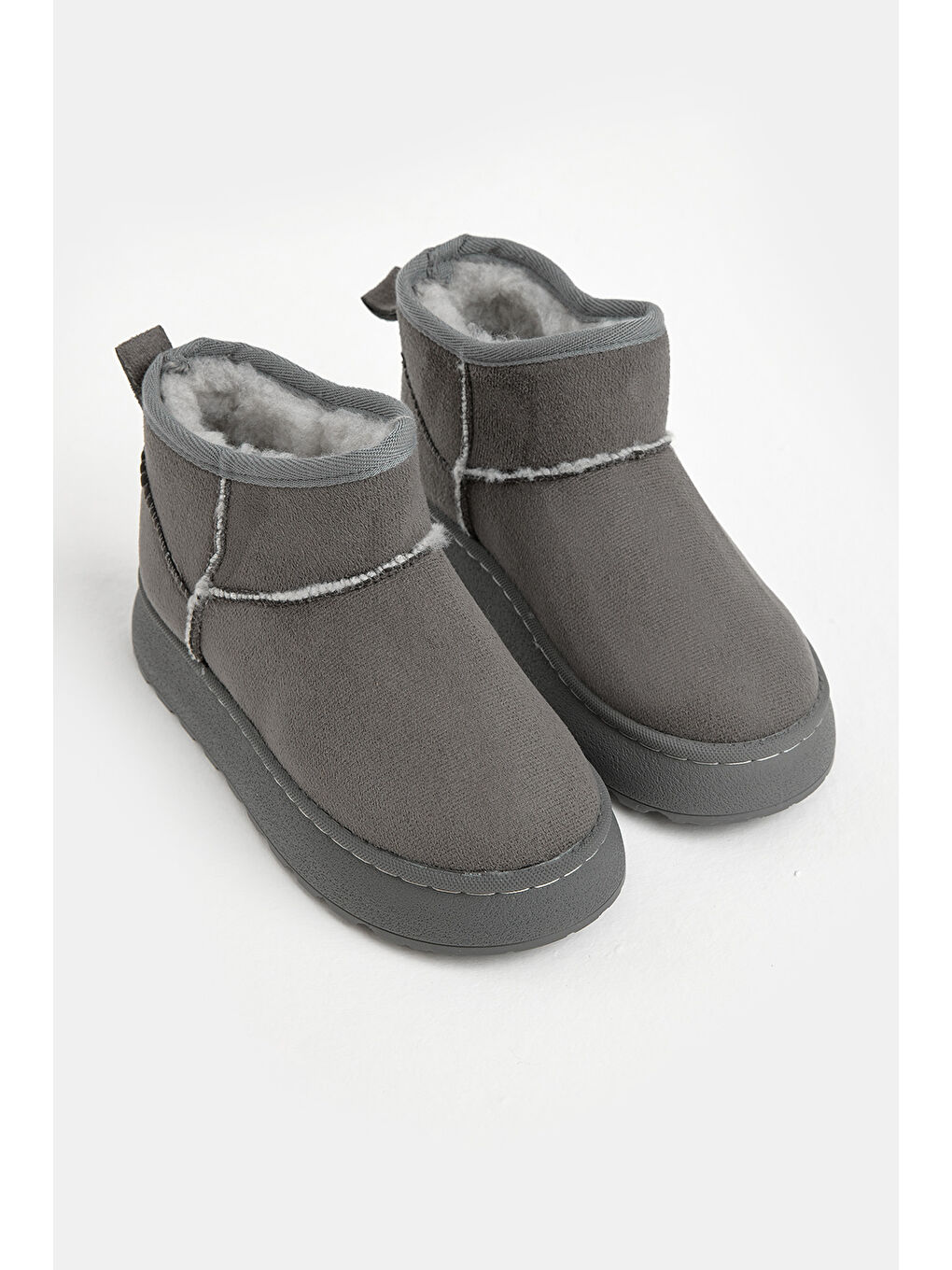 Çocuk Unisex Gri Kalın Poli Taban İçi Kürklü Süet Görünümlü Günlük Bot-1