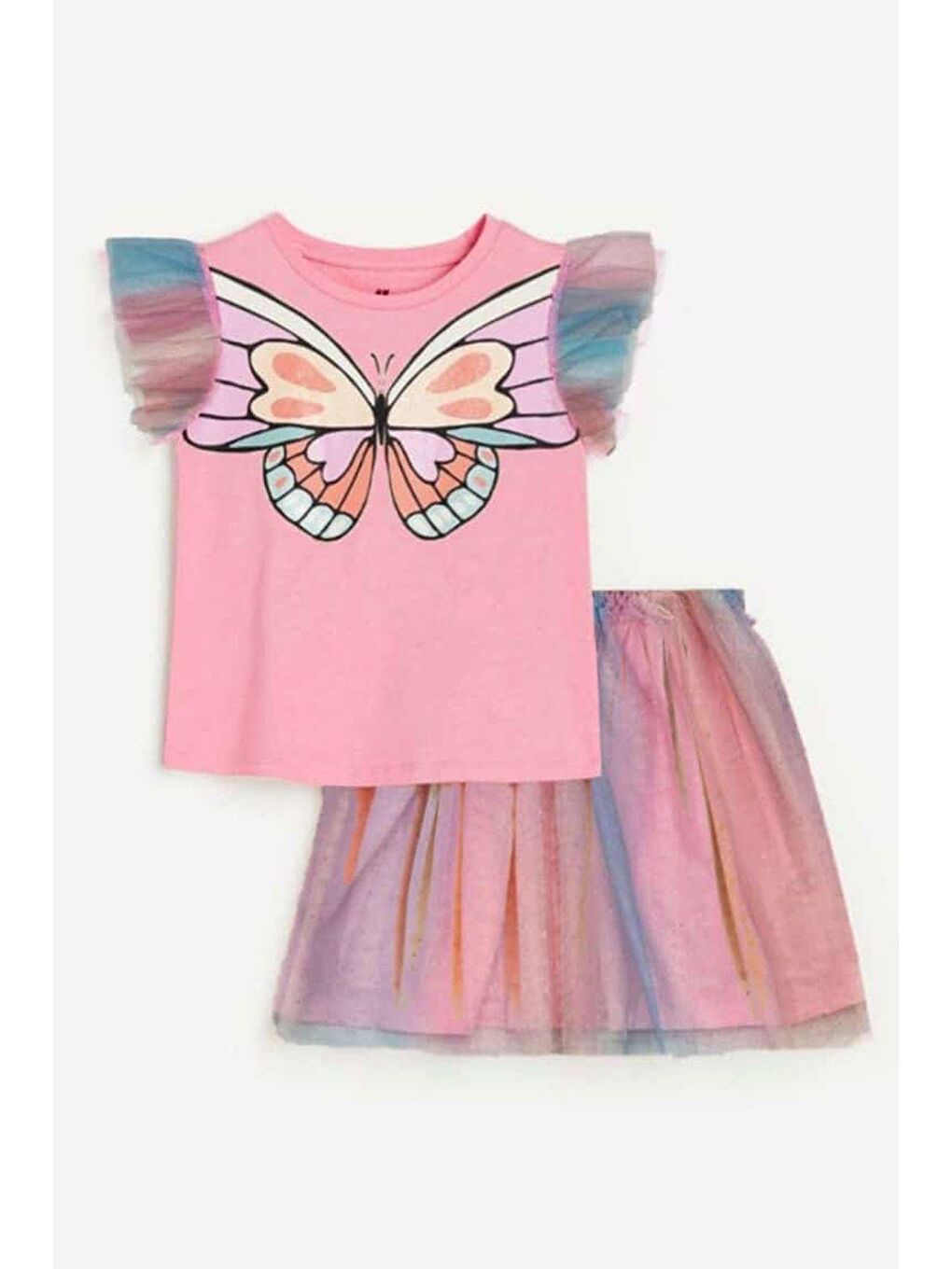 Lacivert Kız Çocuk Kelebek Baskılı Tül Kollu Ve Tül Etekli Alt Üst Takım
