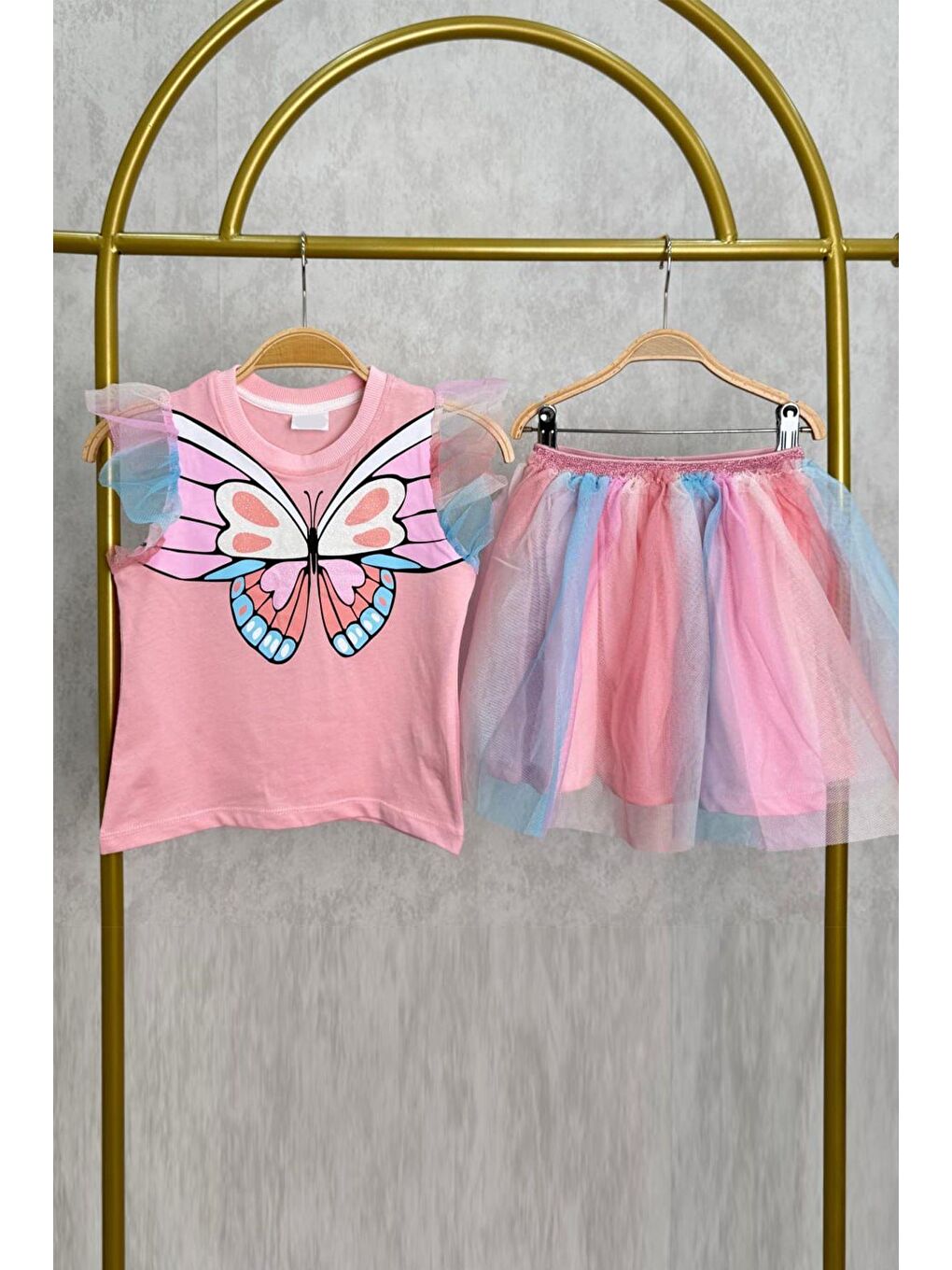 Lacivert Kız Çocuk Kelebek Baskılı Tül Kollu Ve Tül Etekli Alt Üst Takım-1