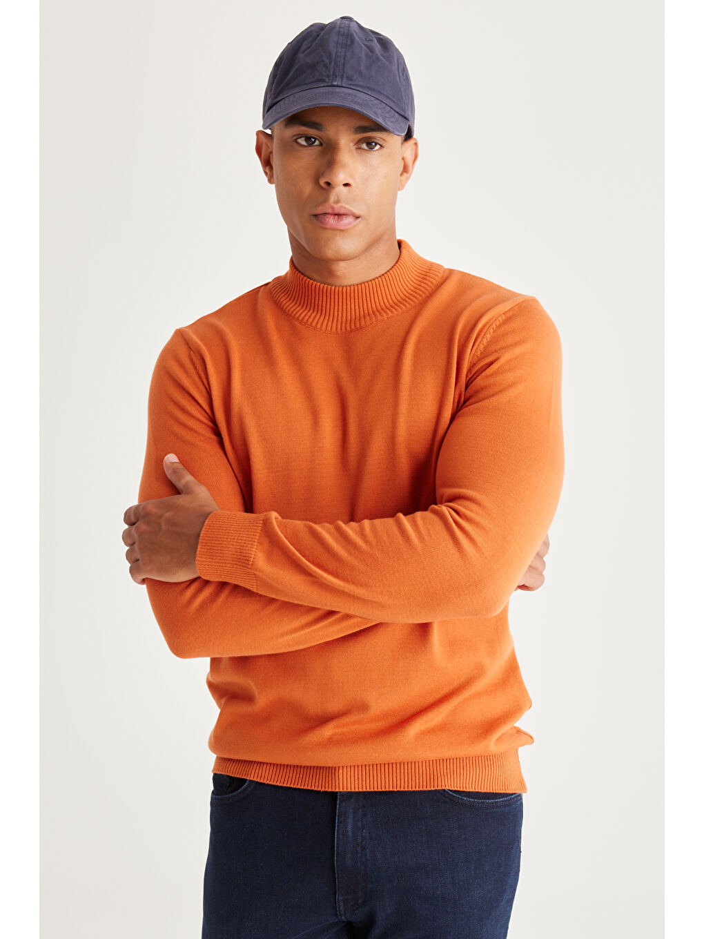 Kahverengi Erkek Kiremit Standart Fit Normal Kesim Yarım Balıkçı Yaka Pamuklu Triko Kazak-4