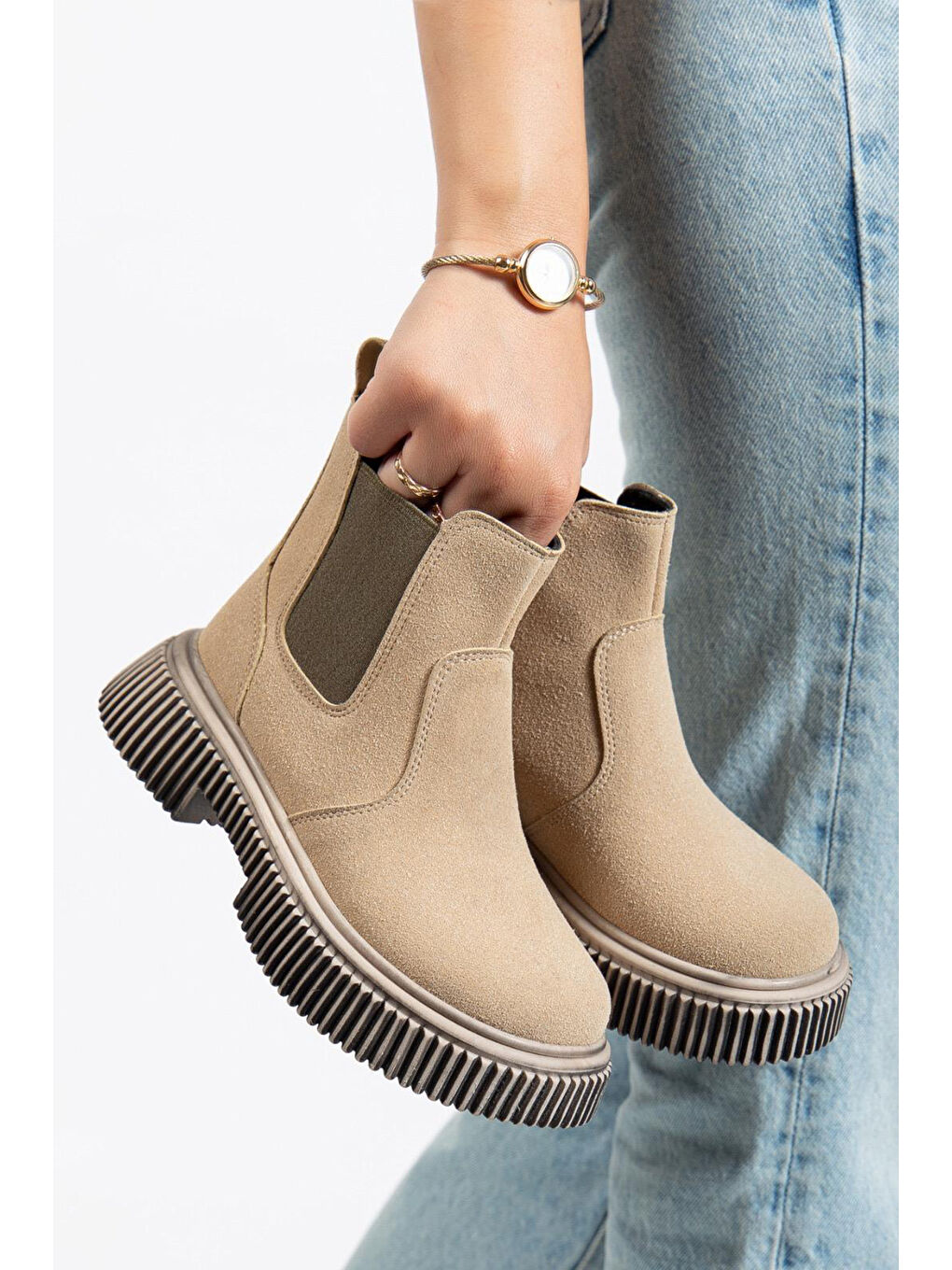 Ekru Çocuk Unisex Krem Süet Kalın Tırtıklı Termo Taban Fermuarlı Lastikli Chelsea Bot-1