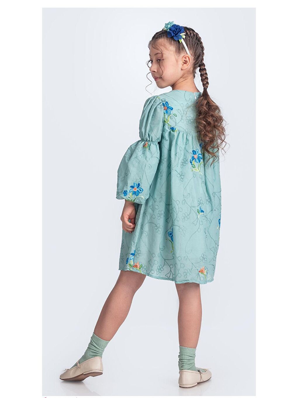 Yeşil Otantik Akdeniz Çiçek NakışKız Çocuk Müslin Elbise M00706-8