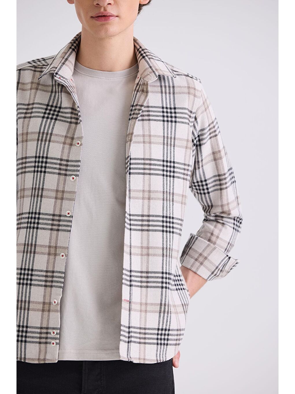 Bej Slim Fit Üstten Düğmeli Ekoseli Gömlek-2