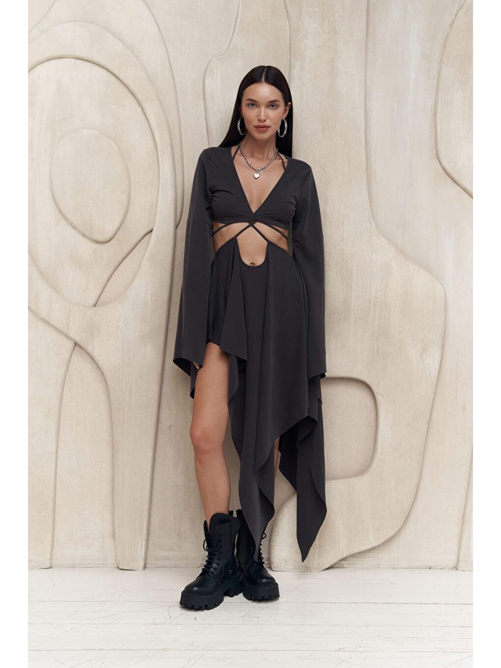 Coachella Antrasit Crop Elbise Takım-1