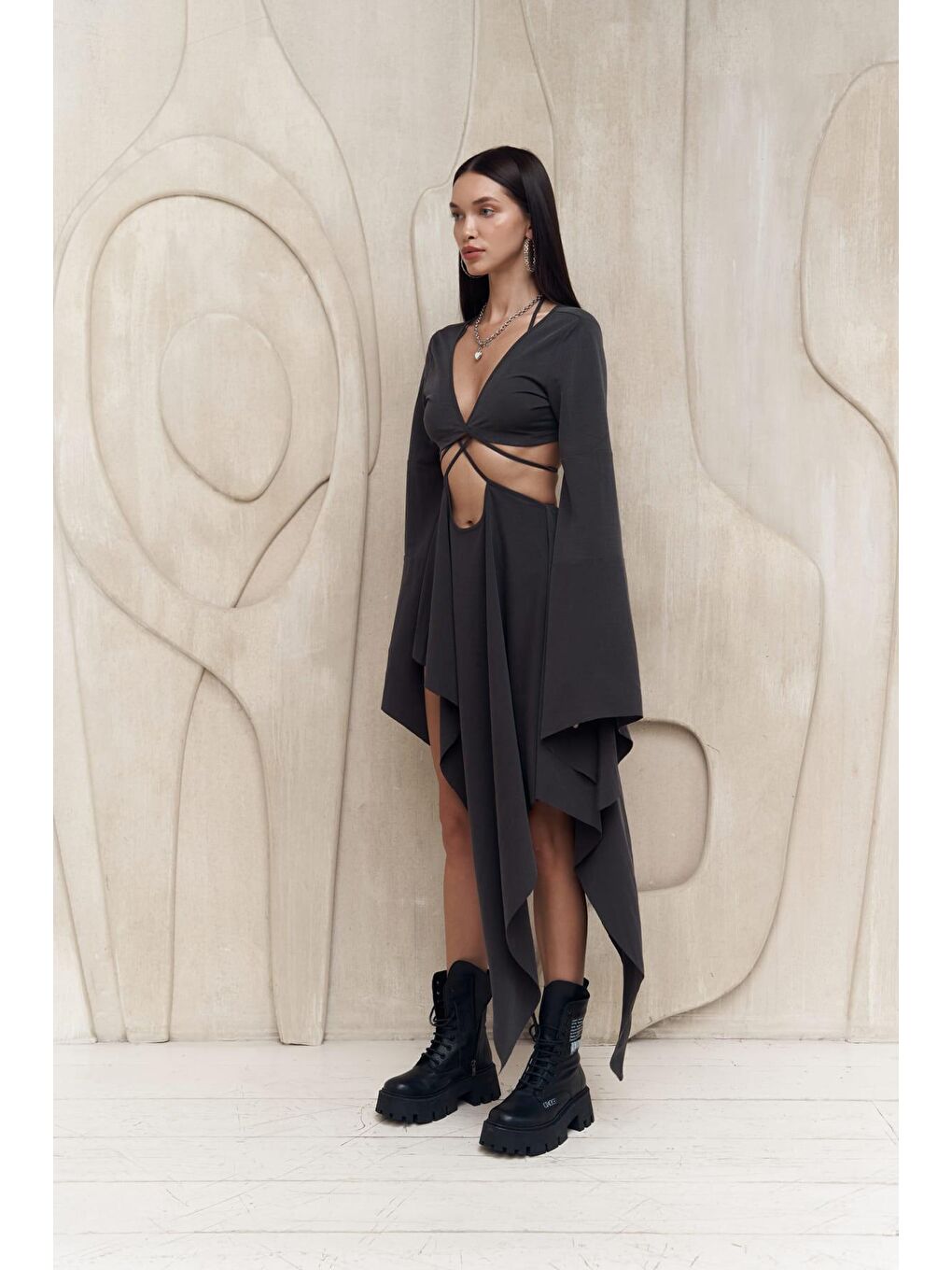 Coachella Antrasit Crop Elbise Takım-2