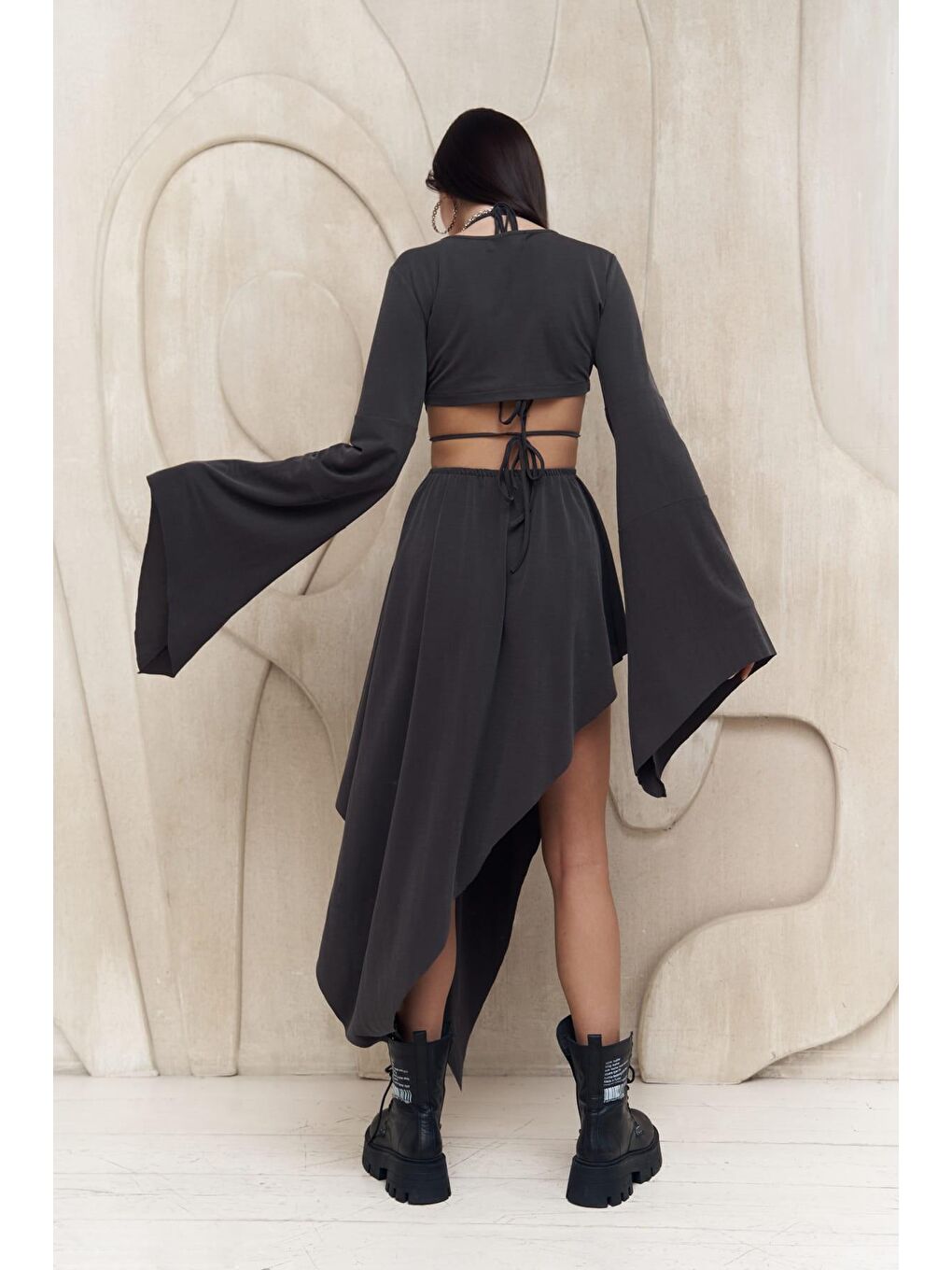 Coachella Antrasit Crop Elbise Takım-3