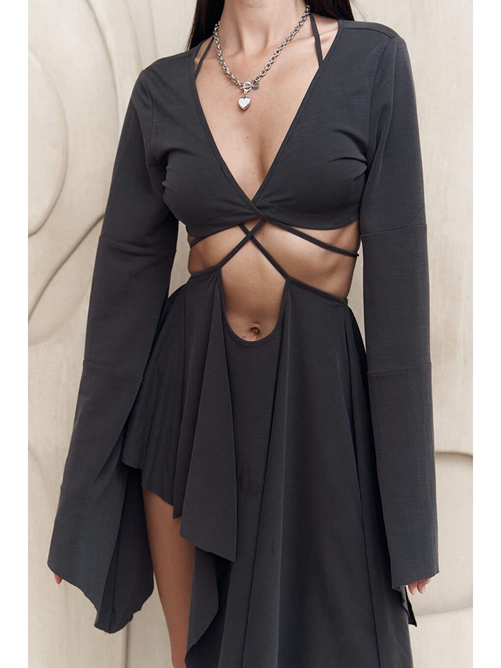 Coachella Antrasit Crop Elbise Takım-4