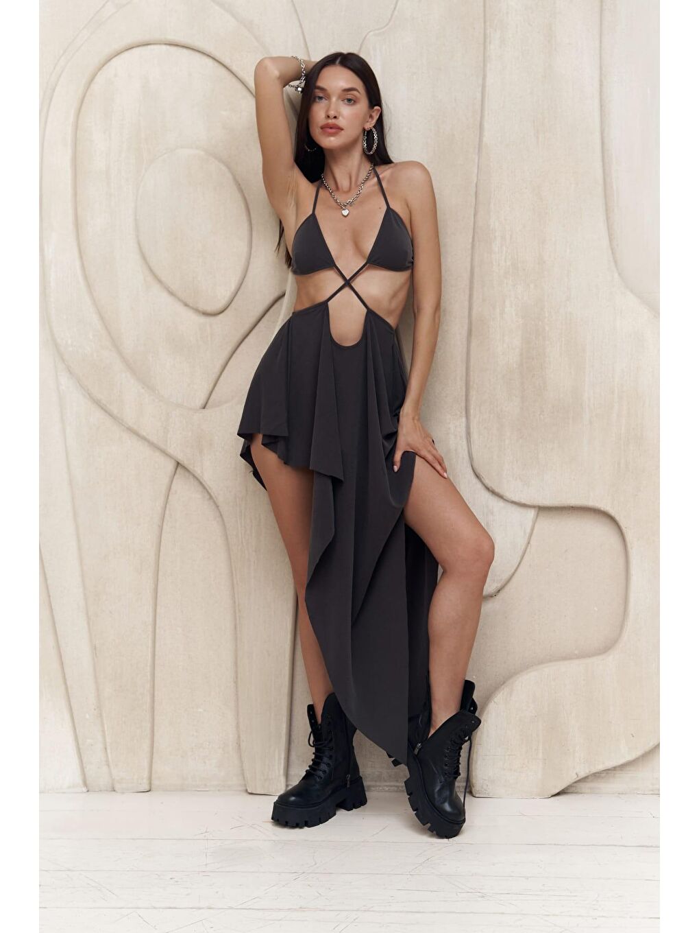 Coachella Antrasit Crop Elbise Takım-5