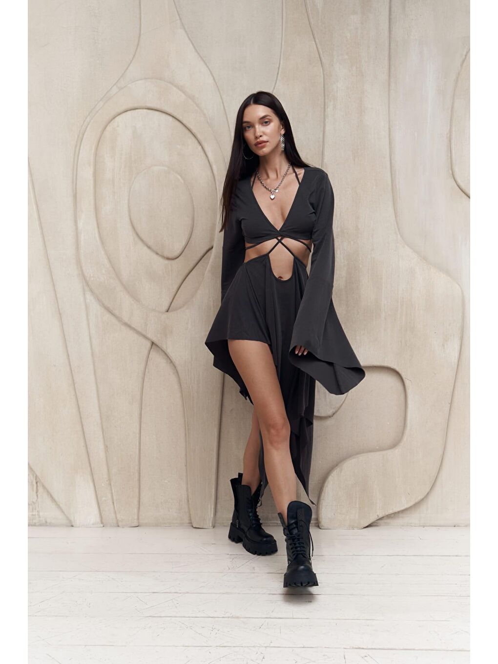 Coachella Antrasit Crop Elbise Takım-7