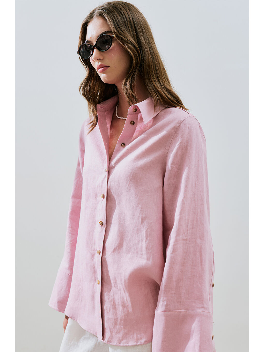 Keten Geniş Manşetli Gömlek Pembe-1