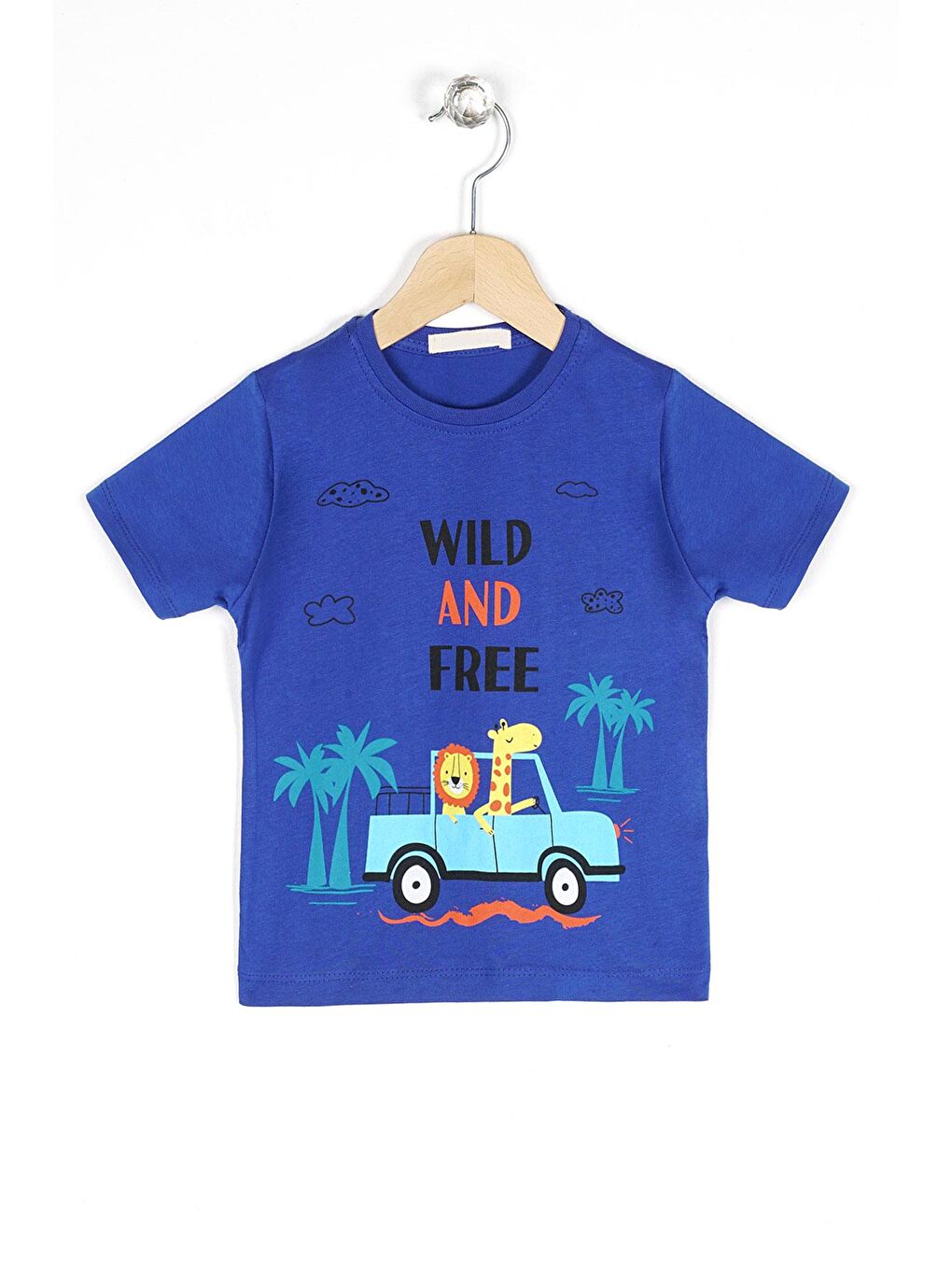 Mavi Bisiklet Yaka Kısa Kol Araba Baskılı Saks Renk Erkek Çocuk Tshirt