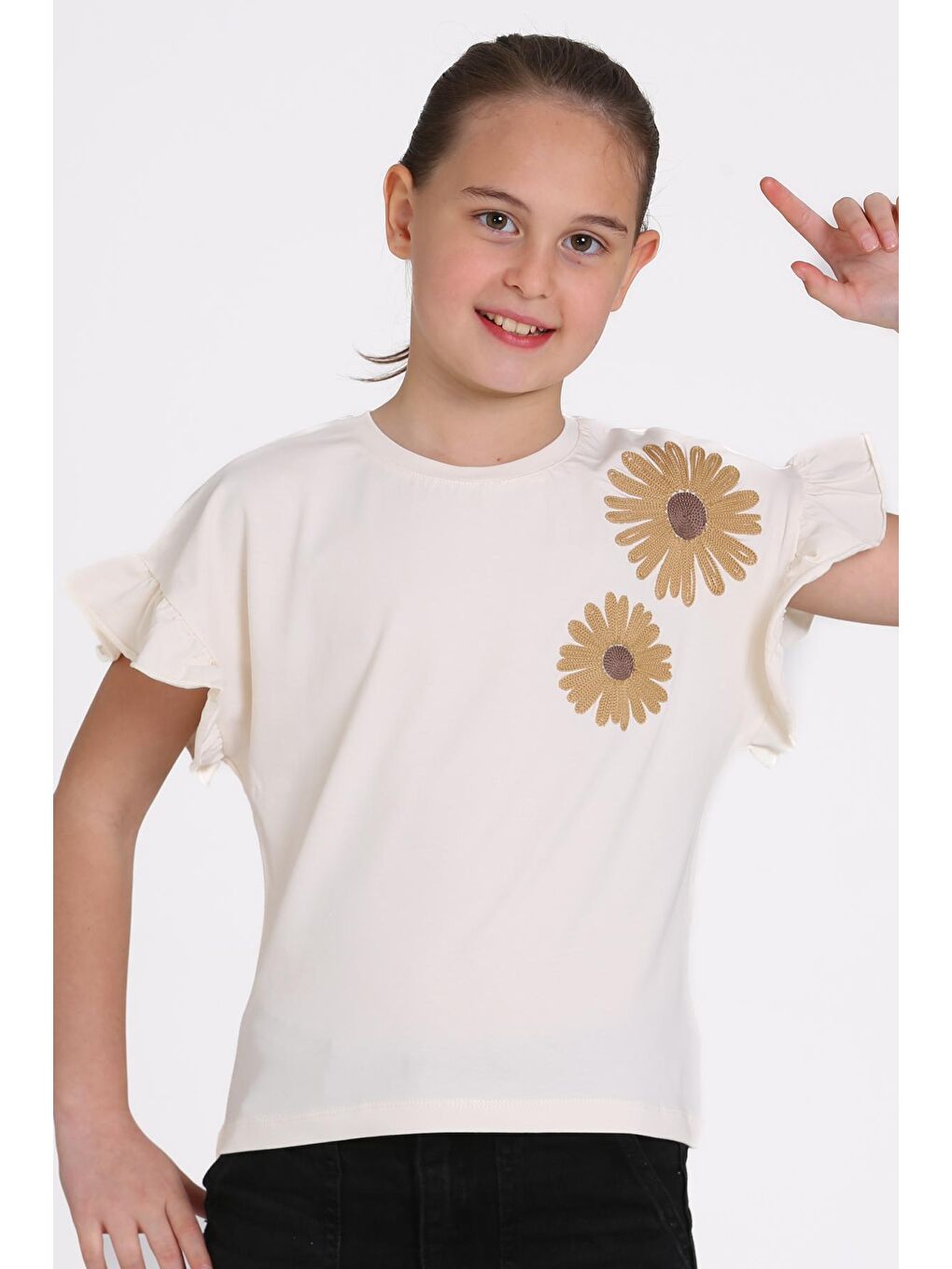 Ekru Papatya Nakışlı 5-13 Yaş Tişört - 2517-1-1