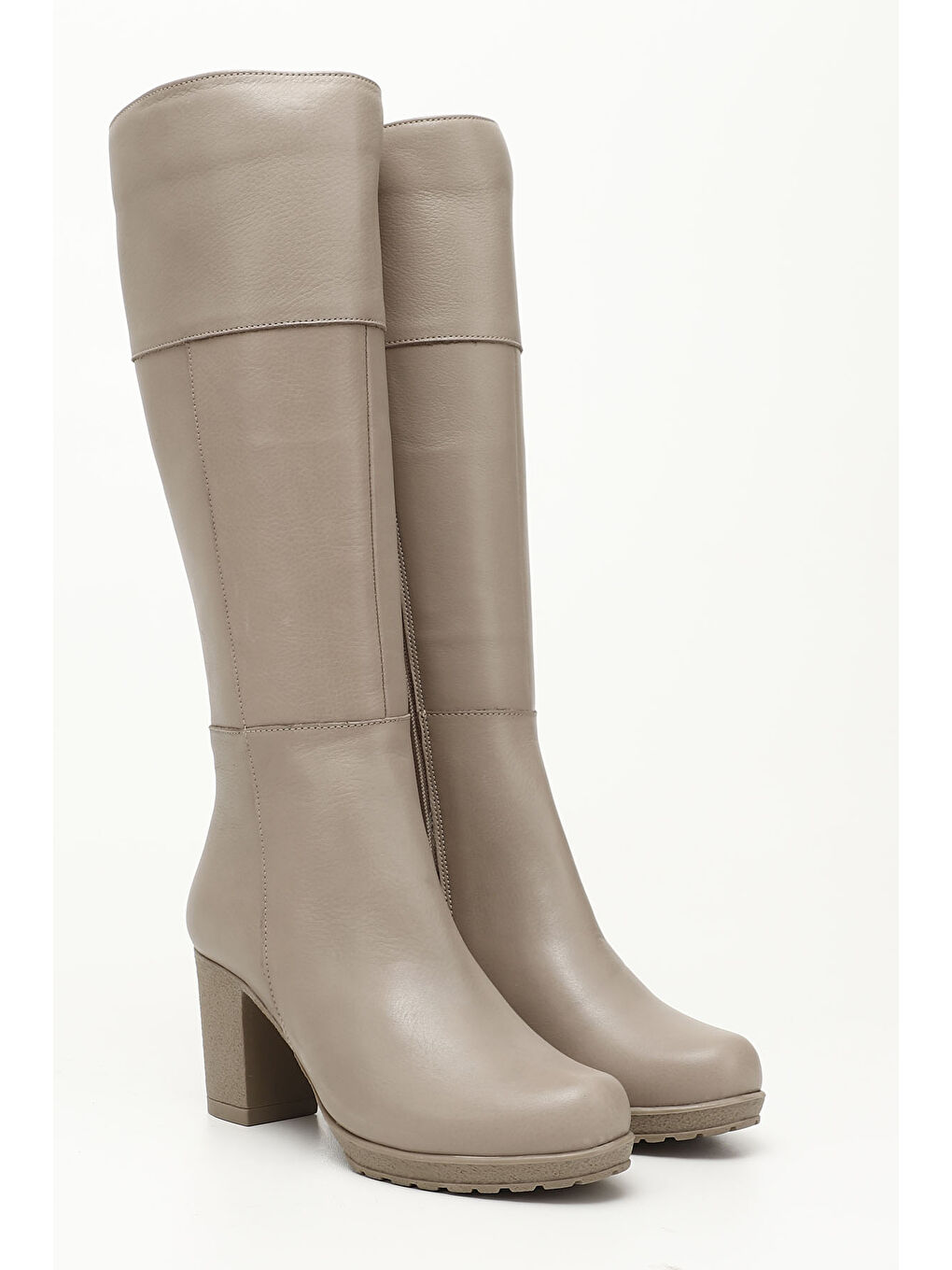 Bej Kadın BEJ-CAMEL Fermuarlı Kalın Topuklu Hakiki Deri Çizme-1