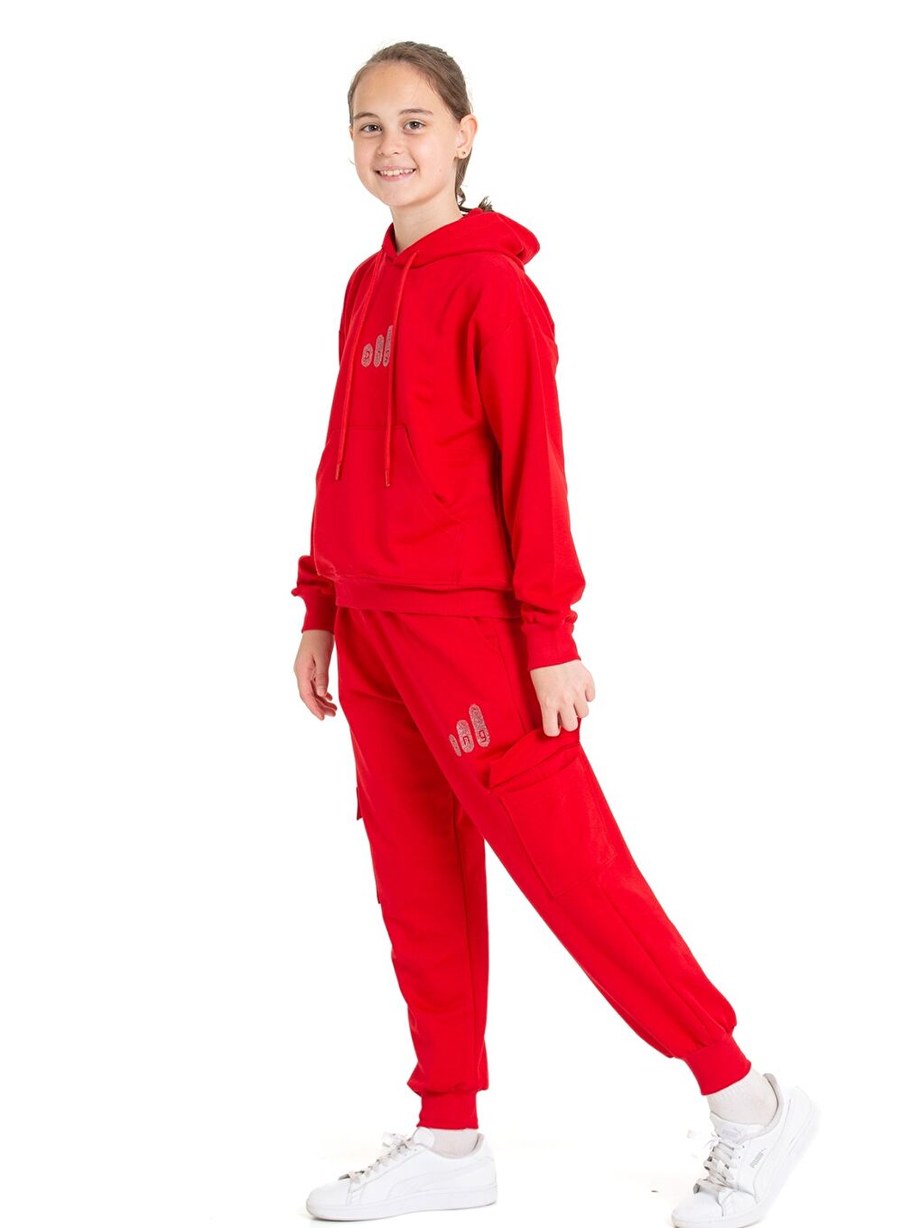 Kırmızı Kız Çocuk Eşofman Takımı Kargo Cepli Kapüşonlu 2 İplik 1221.1-1