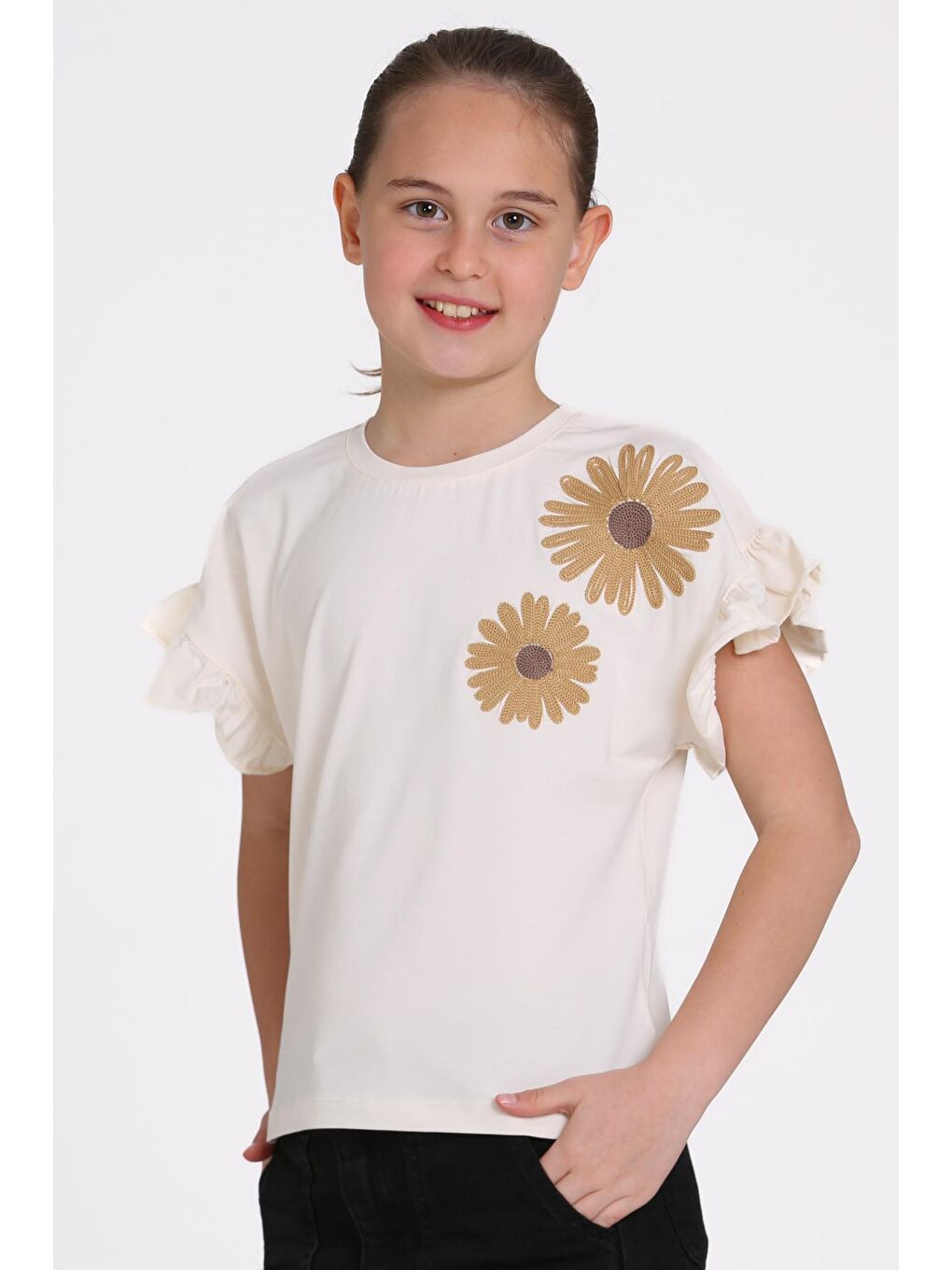 Ekru Papatya Nakışlı 5-13 Yaş Tişört - 2517-1-2