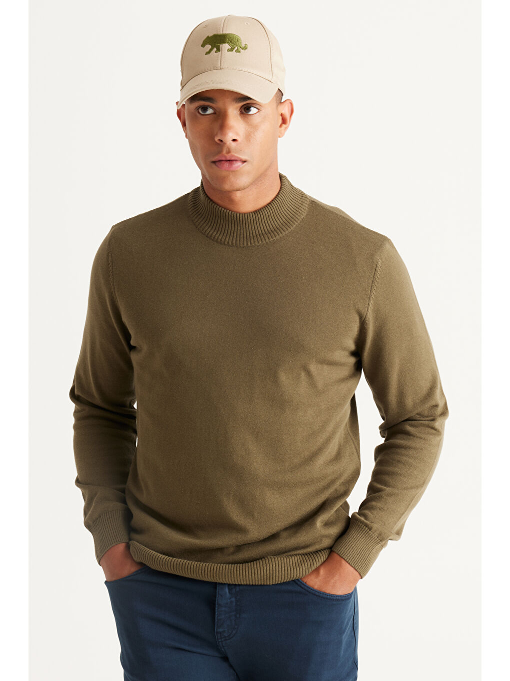 Erkek Haki Standart Fit Normal Kesim Yarım Balıkçı Yaka Pamuklu Triko Kazak