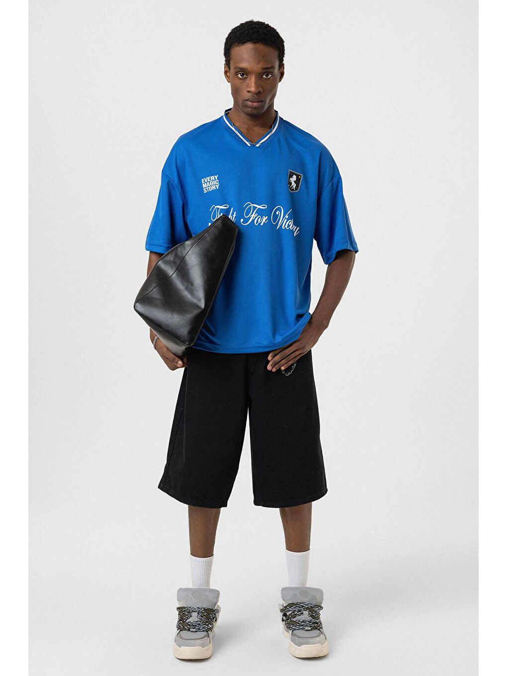 Mavi Baskılı Oversize Forma Tişört Saks