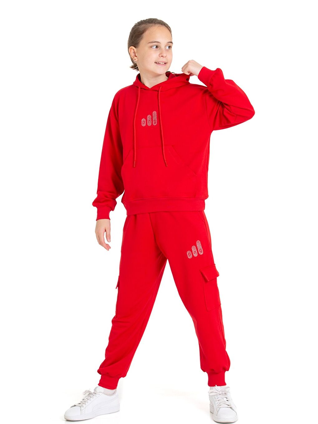 Kırmızı Kız Çocuk Eşofman Takımı Kargo Cepli Kapüşonlu 2 İplik 1221.1-2