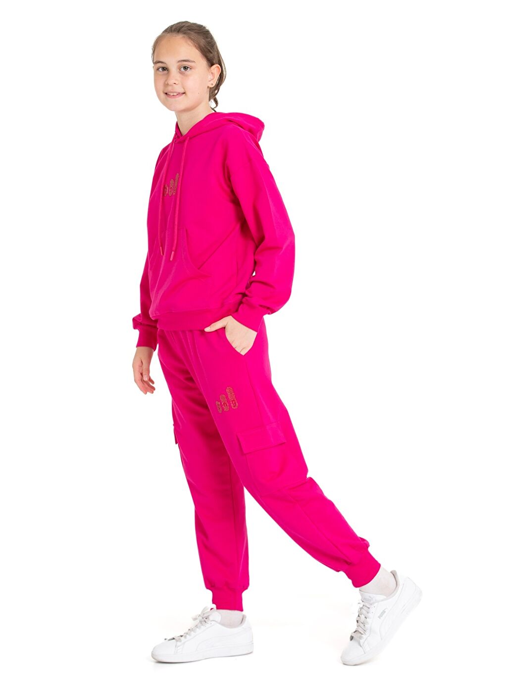 Fuşya Kız Çocuk Eşofman Takımı Kargo Cepli Kapüşonlu 2 İplik 1221.1-1