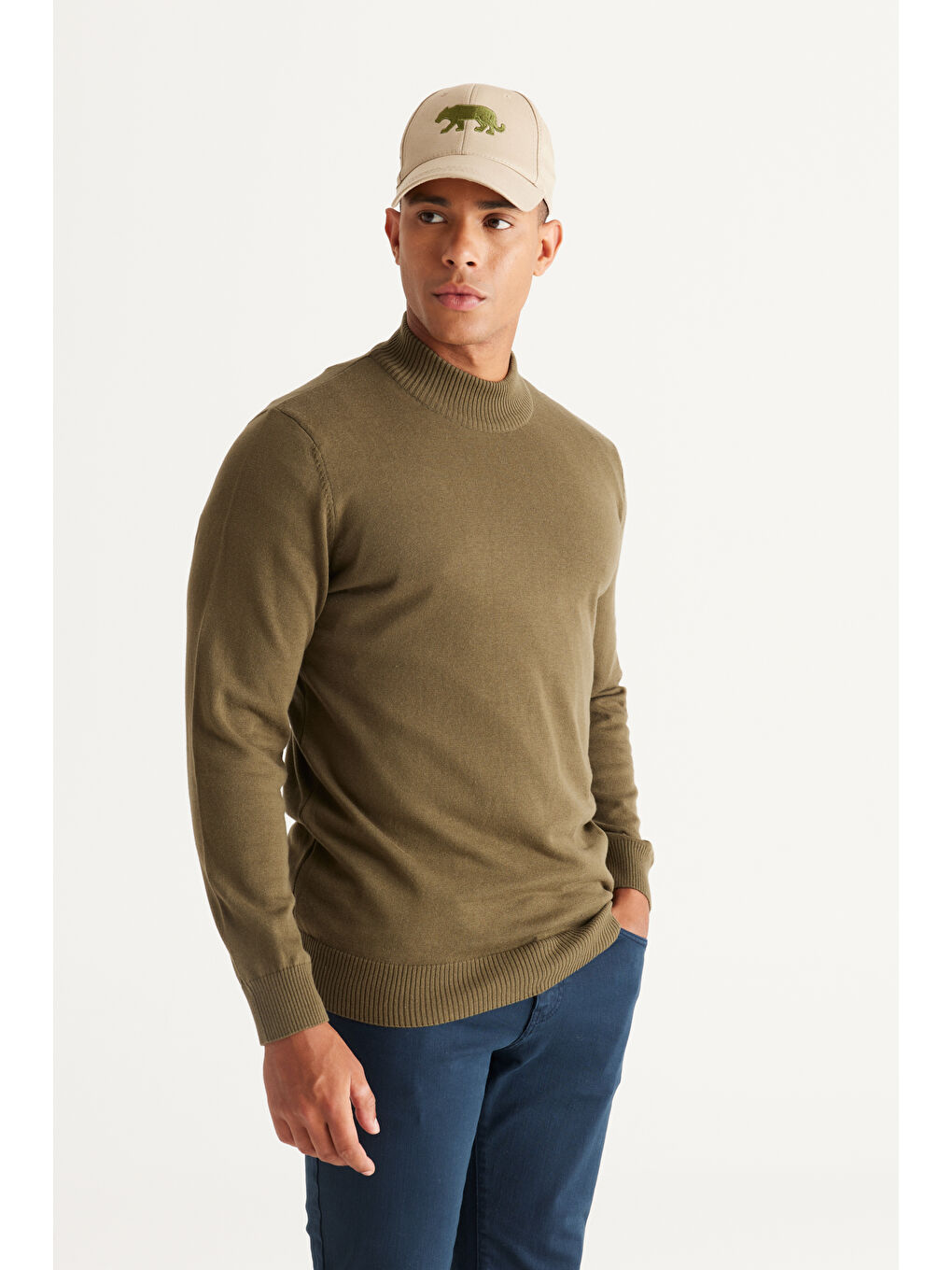 Erkek Haki Standart Fit Normal Kesim Yarım Balıkçı Yaka Pamuklu Triko Kazak-1