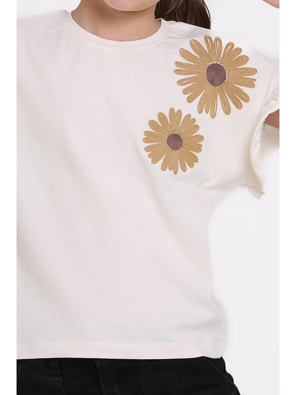 Ekru Papatya Nakışlı 5-13 Yaş Tişört - 2517-1-3