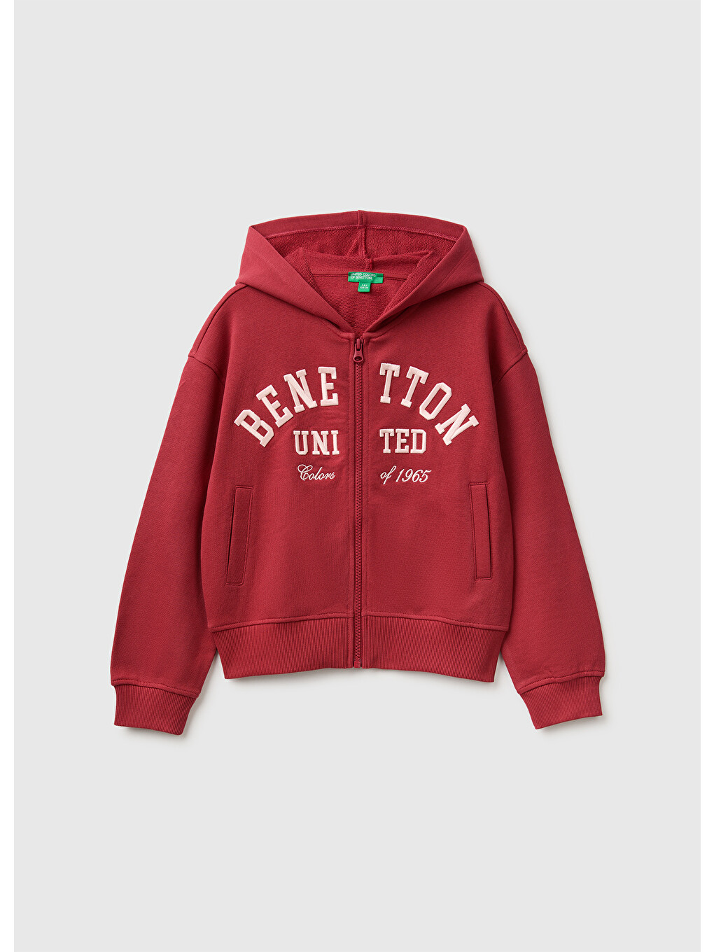 Kız Çocuk Kırmızı Önü İşlemeli Ribanalı Cepli Kapüşonlu Fermuarlı Sweatshirt