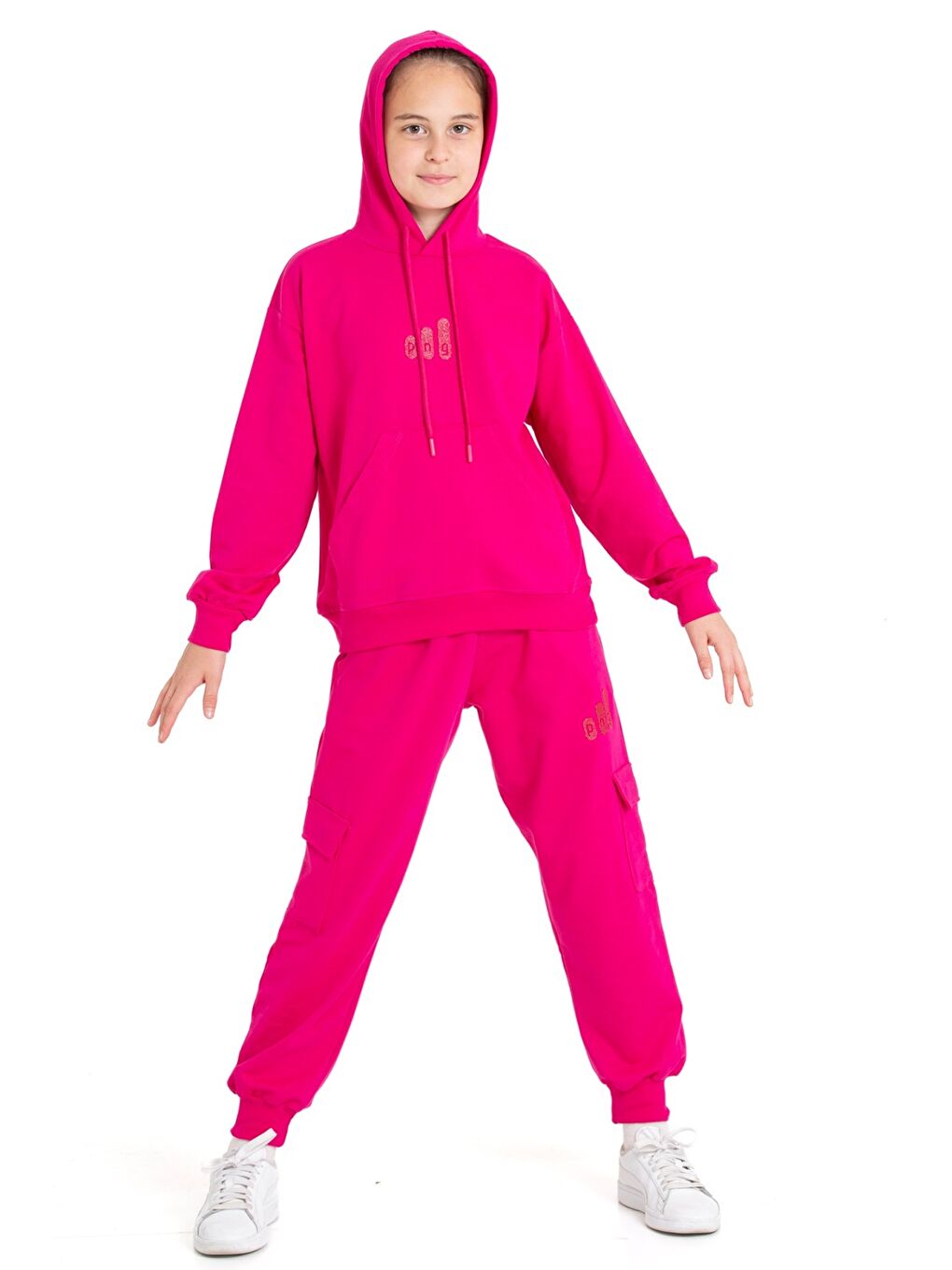 Fuşya Kız Çocuk Eşofman Takımı Kargo Cepli Kapüşonlu 2 İplik 1221.1-2