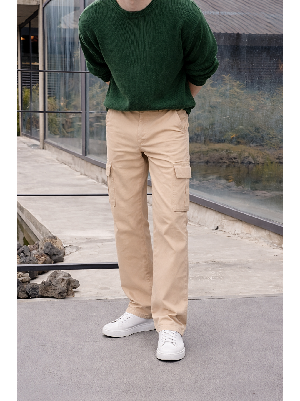 Bej Erkek Yüksek Bel Premium Taş Kargo Baggy Pantolon-1