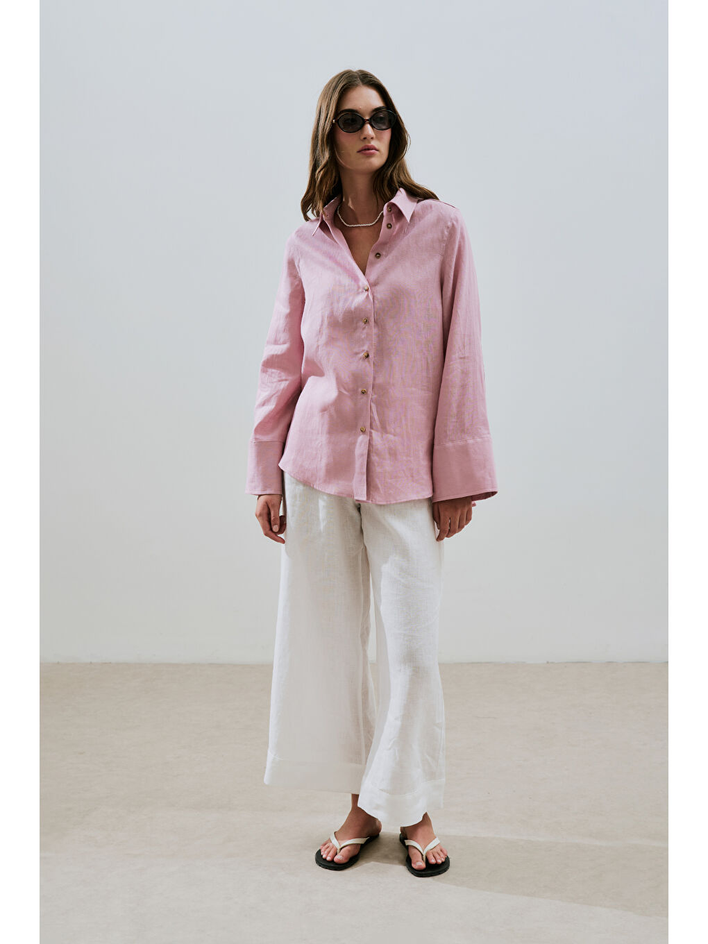 Keten Geniş Manşetli Gömlek Pembe-2