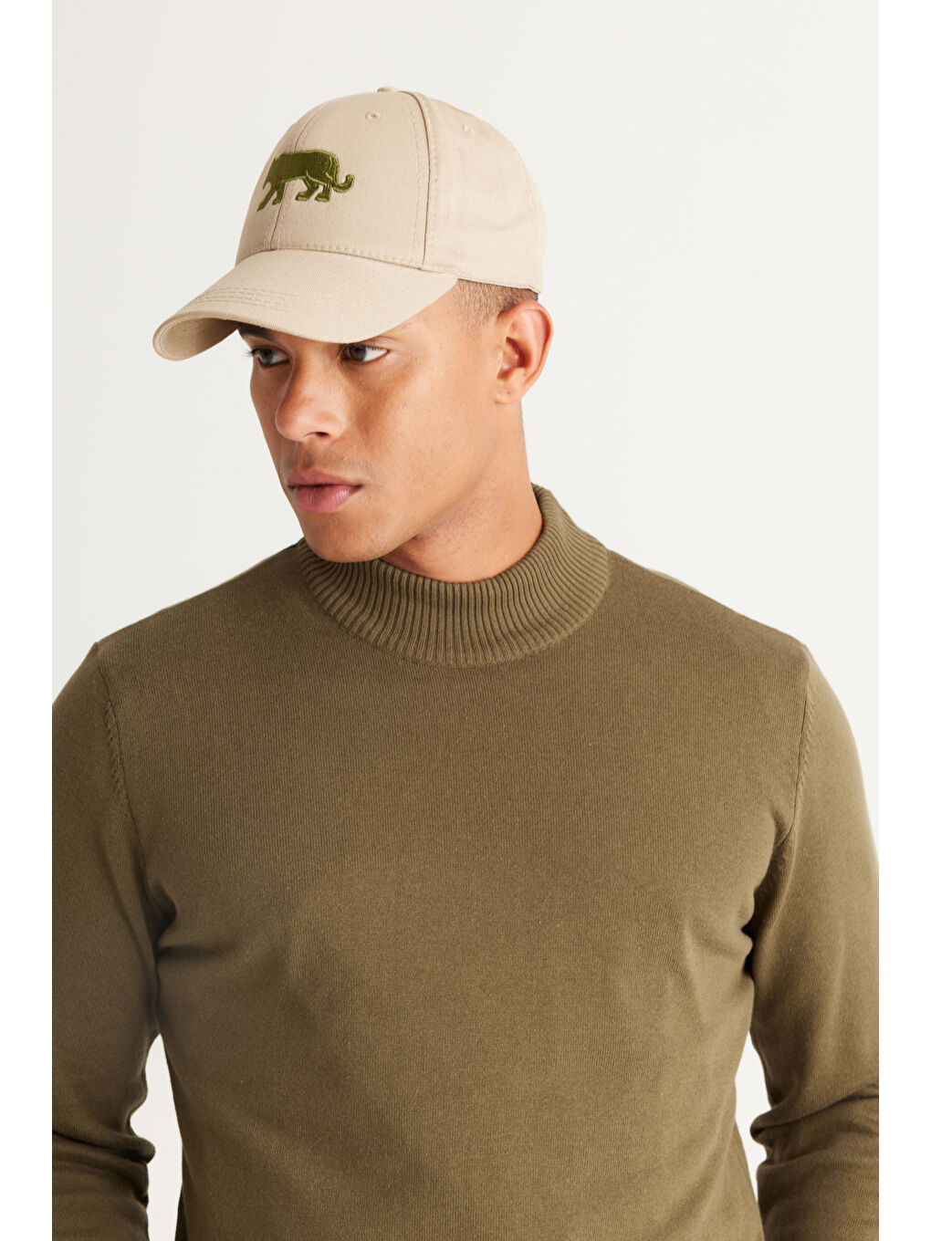 Erkek Haki Standart Fit Normal Kesim Yarım Balıkçı Yaka Pamuklu Triko Kazak-2