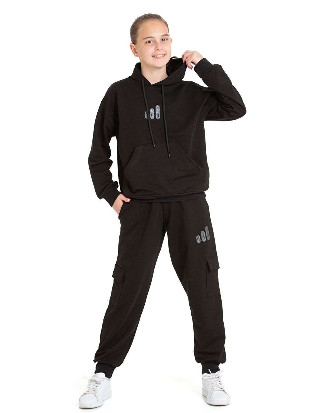 Siyah Kız Çocuk Eşofman Takımı Kargo Cepli Kapüşonlu 2 İplik 1221.1