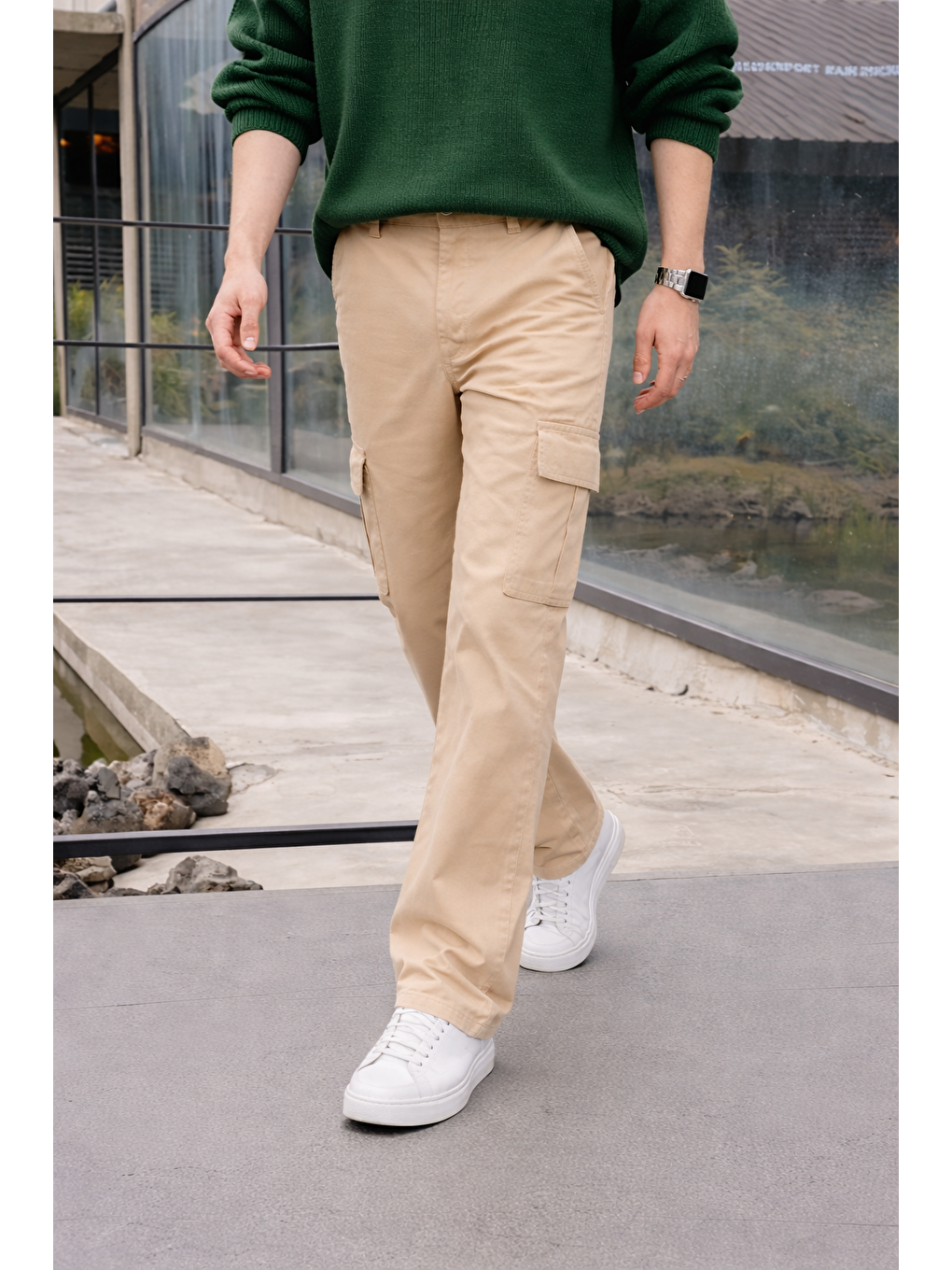 Bej Erkek Yüksek Bel Premium Taş Kargo Baggy Pantolon-2