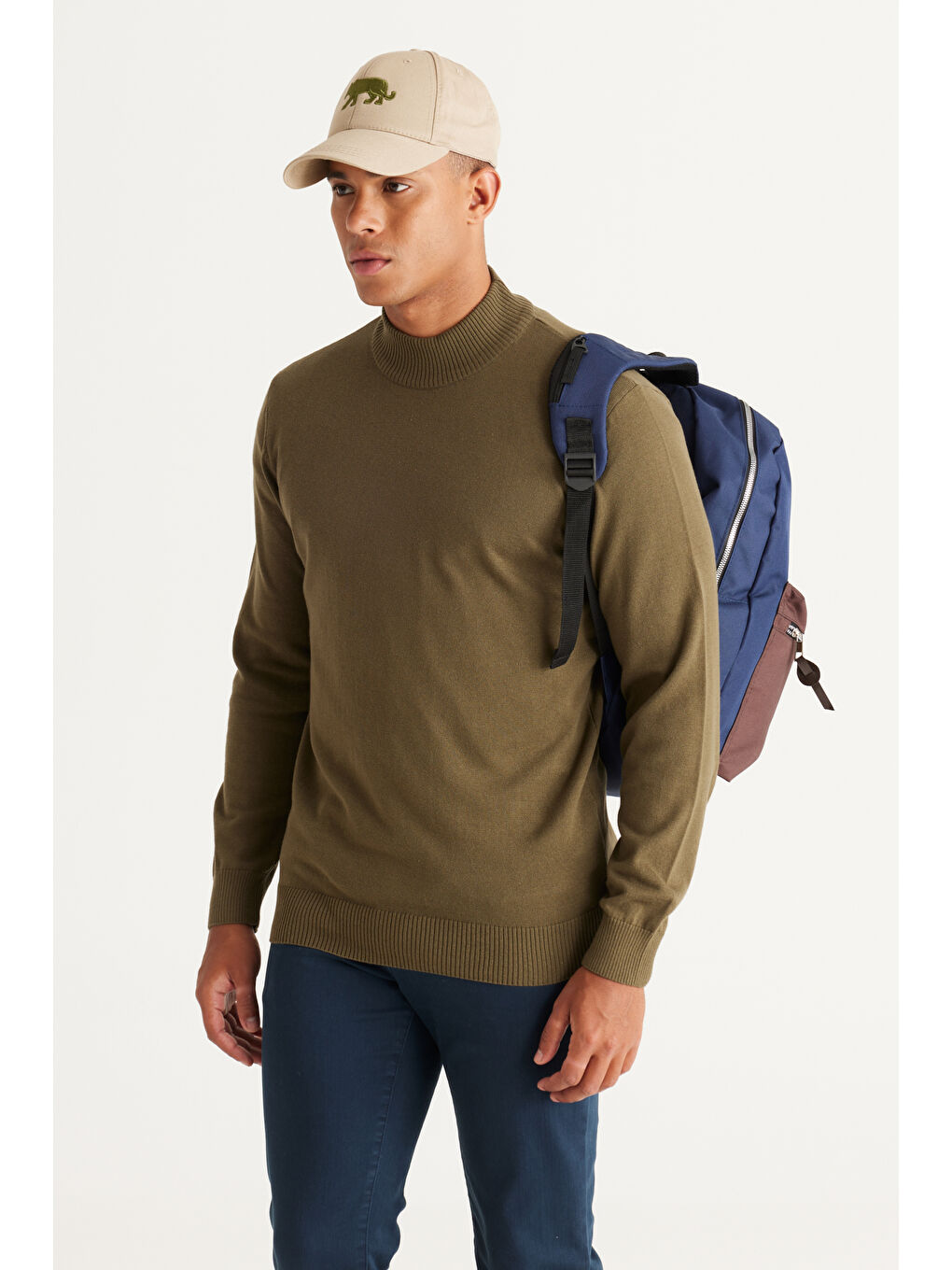 Erkek Haki Standart Fit Normal Kesim Yarım Balıkçı Yaka Pamuklu Triko Kazak-3