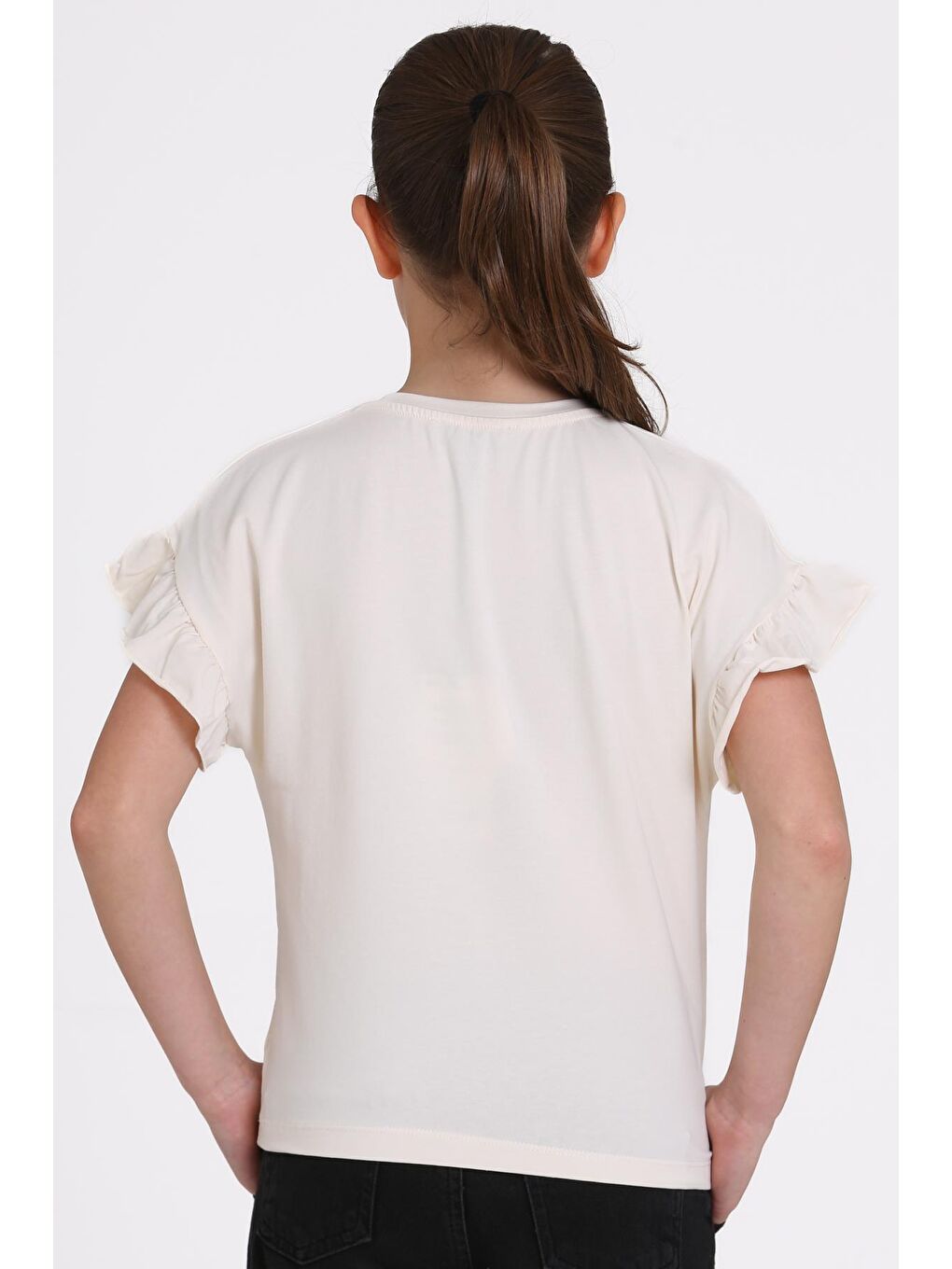 Ekru Papatya Nakışlı 5-13 Yaş Tişört - 2517-1-4