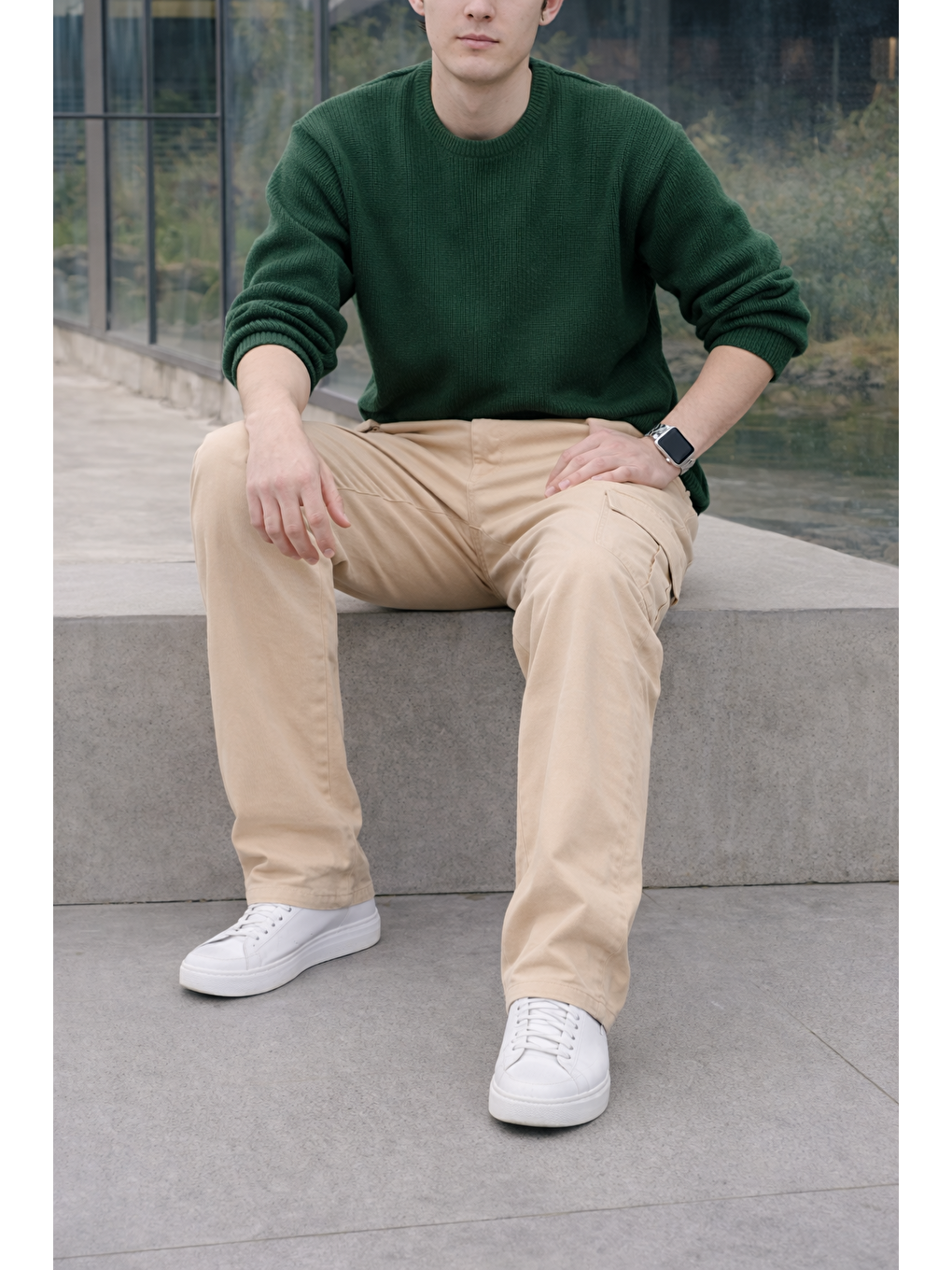 Bej Erkek Yüksek Bel Premium Taş Kargo Baggy Pantolon-3