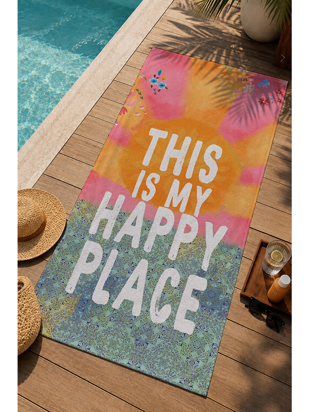 Mavi Renkli Gradyan This Is My Happy Place Yazılı 70x150 Cm Dijital Baskılı Plaj Ve Banyo Havlusu-2