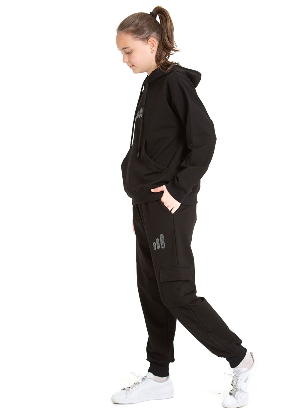 Siyah Kız Çocuk Eşofman Takımı Kargo Cepli Kapüşonlu 2 İplik 1221.1-1