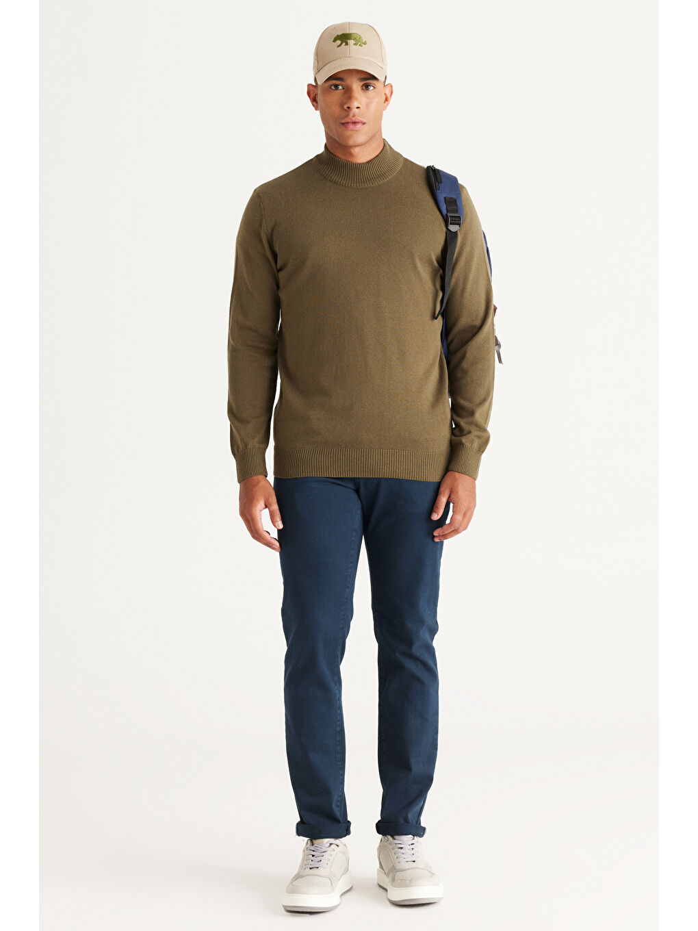 Erkek Haki Standart Fit Normal Kesim Yarım Balıkçı Yaka Pamuklu Triko Kazak-4