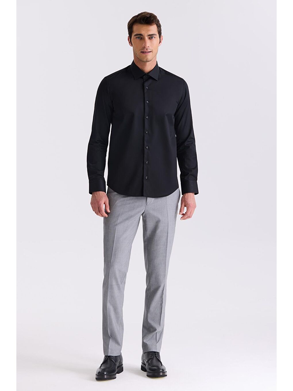 Siyah Slim Fit Basic Düğmeli %100 Pamuk Gömlek-1