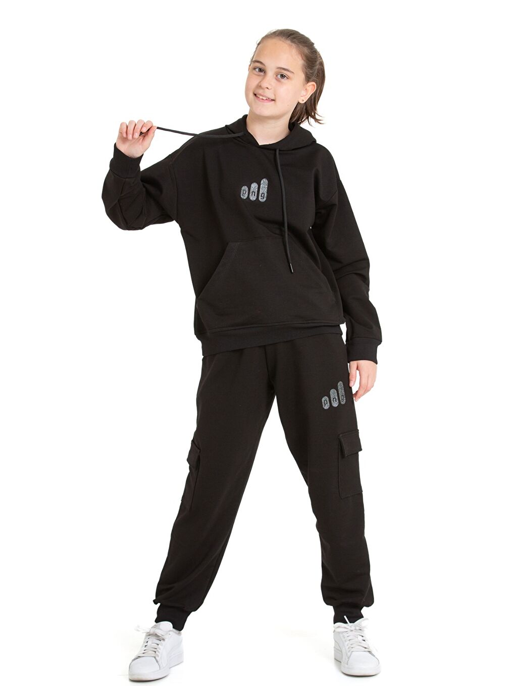 Siyah Kız Çocuk Eşofman Takımı Kargo Cepli Kapüşonlu 2 İplik 1221.1-2
