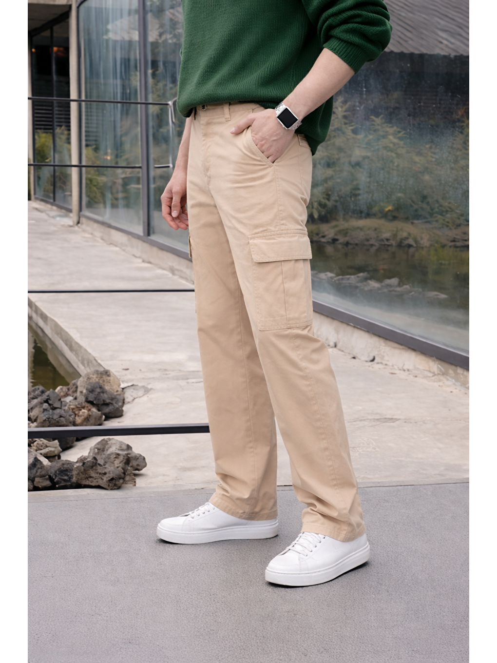 Bej Erkek Yüksek Bel Premium Taş Kargo Baggy Pantolon-4