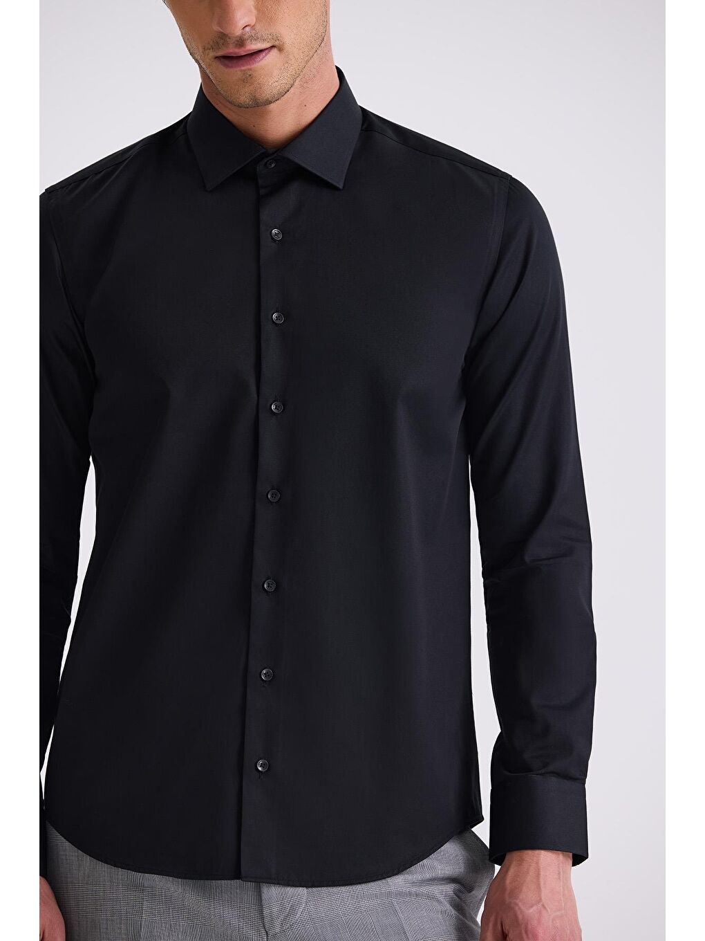 Siyah Slim Fit Basic Düğmeli %100 Pamuk Gömlek-3