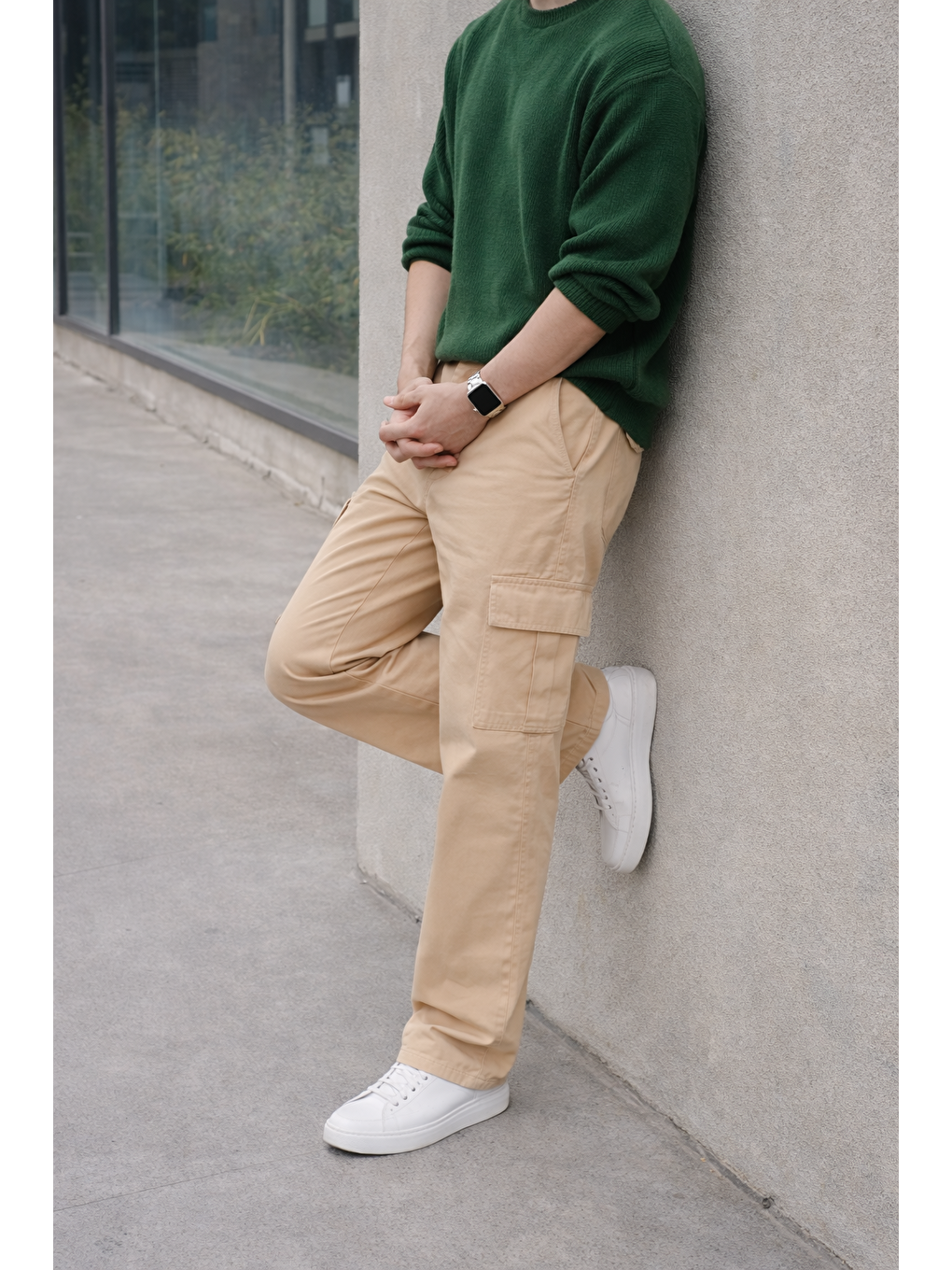 Bej Erkek Yüksek Bel Premium Taş Kargo Baggy Pantolon-5