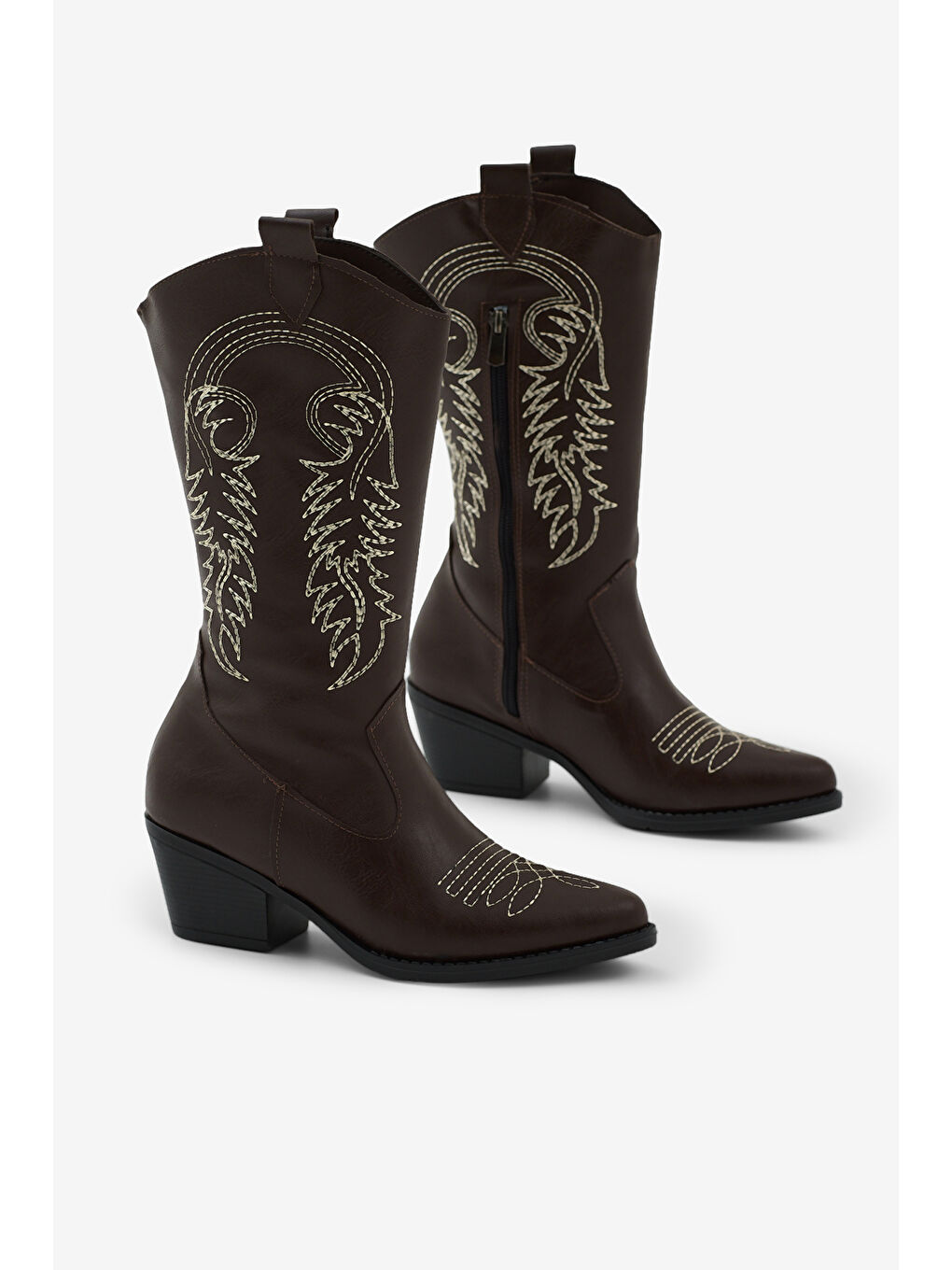 Kahverengi Kadın Kahve Termo Taban Nakış İşlemeli Fermuarlı Topuklu Western Kovboy Bot