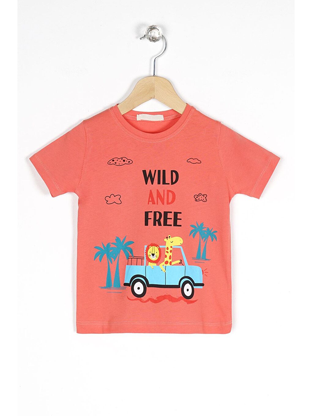 Kahverengi Bisiklet Yaka Kısa Kol Araba Baskılı Taba Renk Erkek Çocuk Tshirt