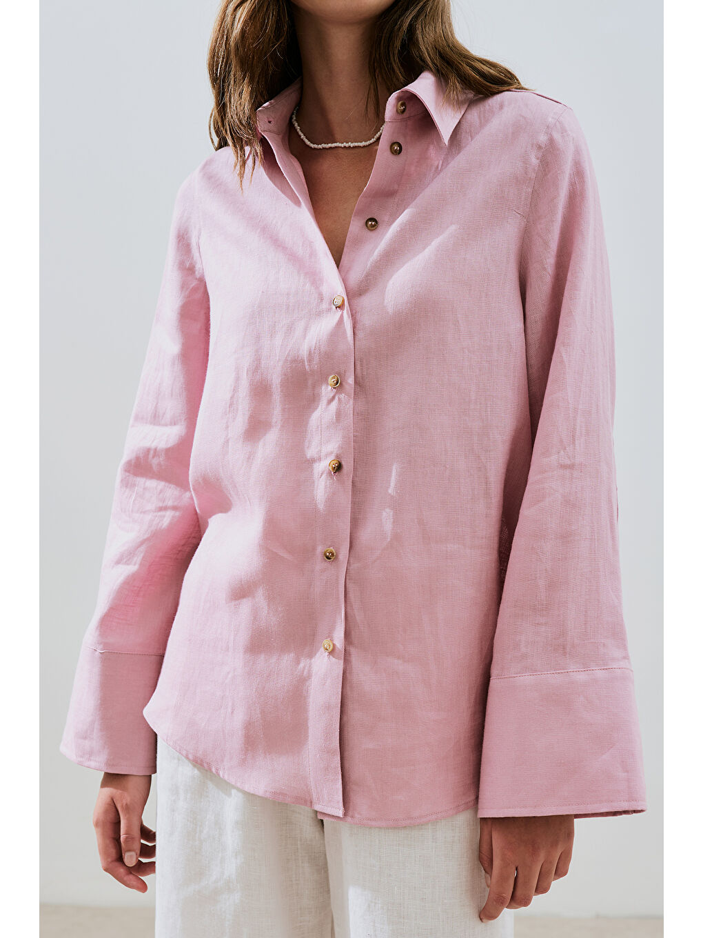 Keten Geniş Manşetli Gömlek Pembe-3
