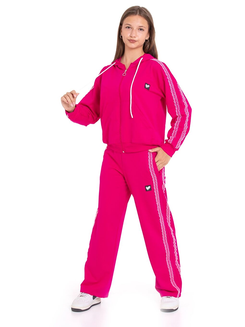 Fuşya Kız Çocuk Eşofman Takımı Nakış Seritli Kapüşonlu Fermuarlı 2 İplik 12215.1-1